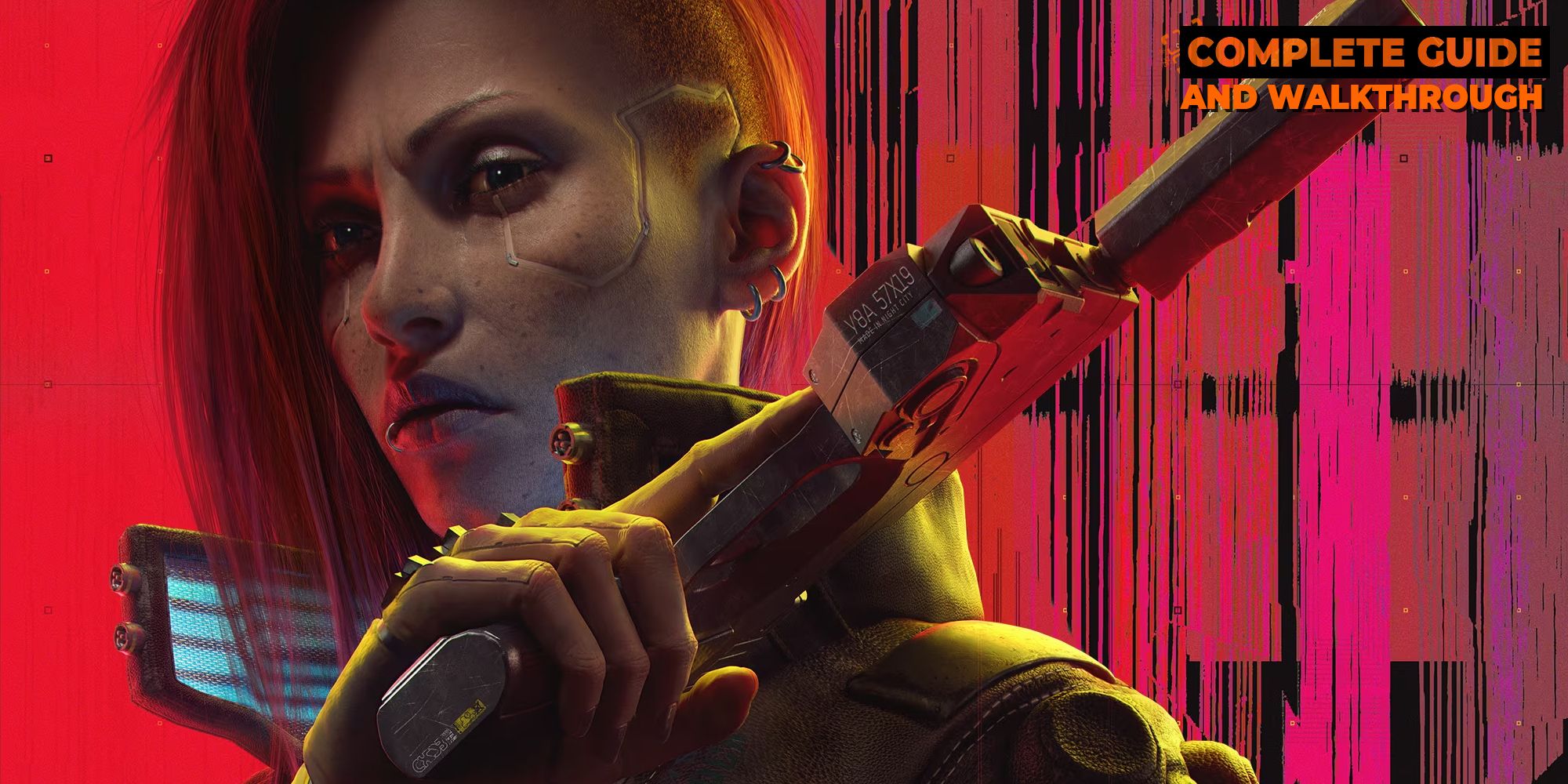 V holding a gun with a red background in Cyberpunk 2077.