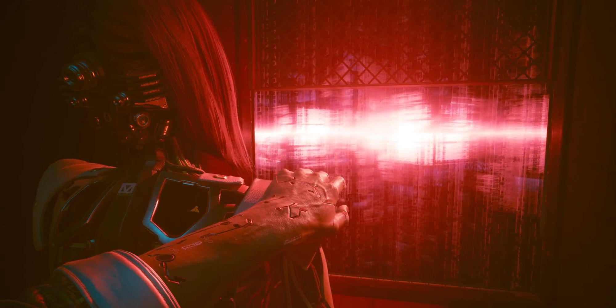 Cyberpunk 2077 Phantom Liberty Screenshot Of Songbird looking out the window with V's hand on her shoulder.