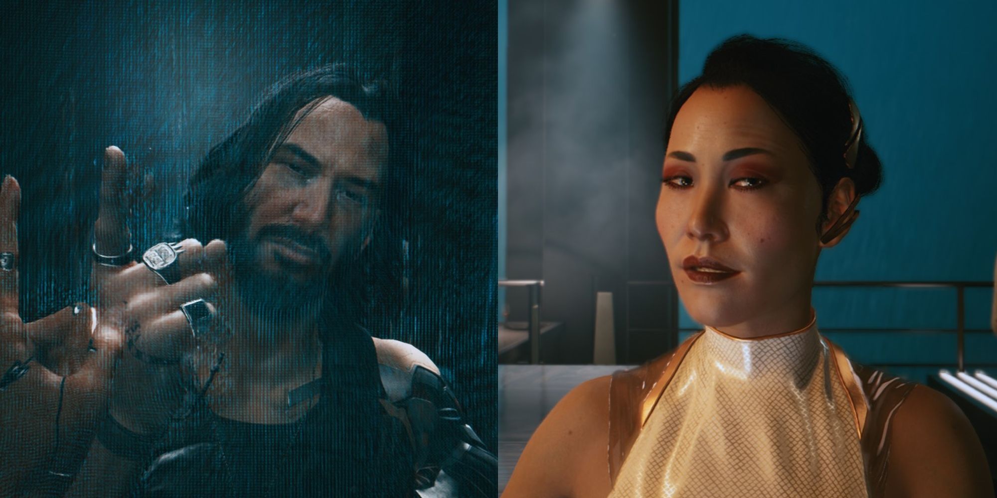 Collage image of Johnny Glitching And Hanako At Embers In Cyberpunk 2077.