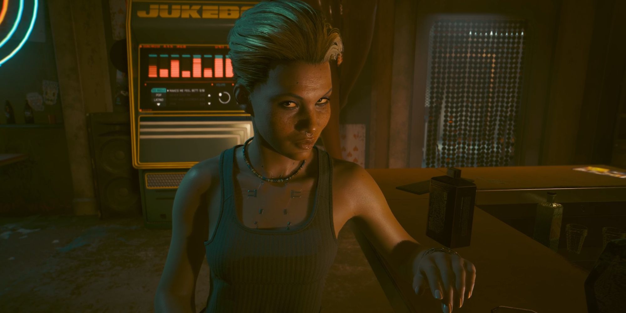 Cyberpunk 2077 Phantom Liberty screenshot of Alex smirking in front of the jukebox.