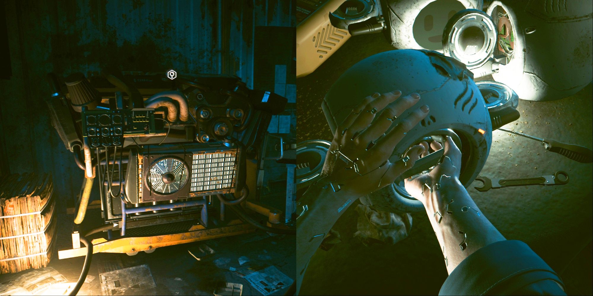 Cyberpunk 2077 Phantom Liberty Restore Power In Abandoned Apartment Featured Split Image Of Generator and Drone