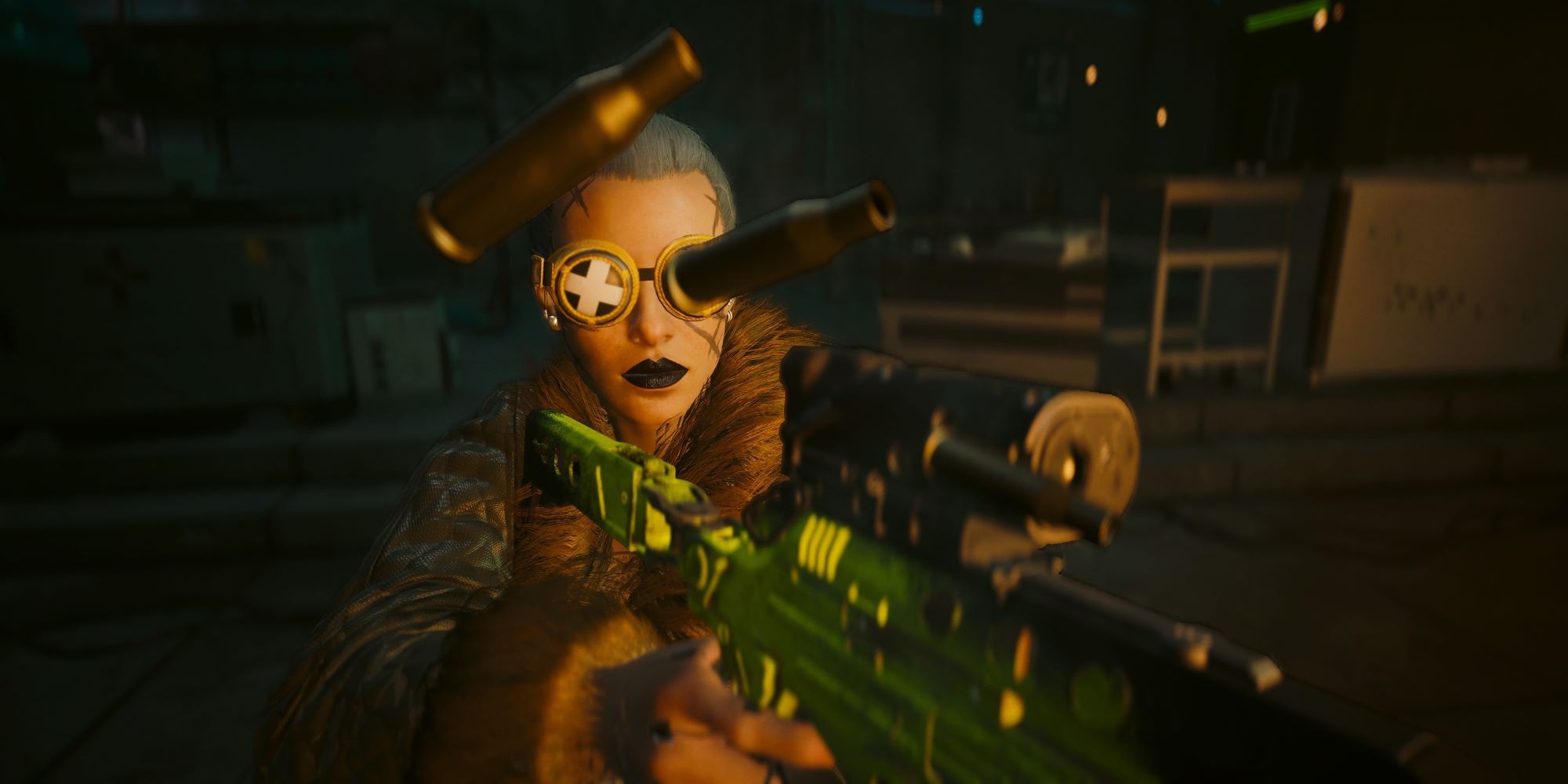Cyberpunk 2077 V firing an assault rifle where the bullet casing lines up with her goggles