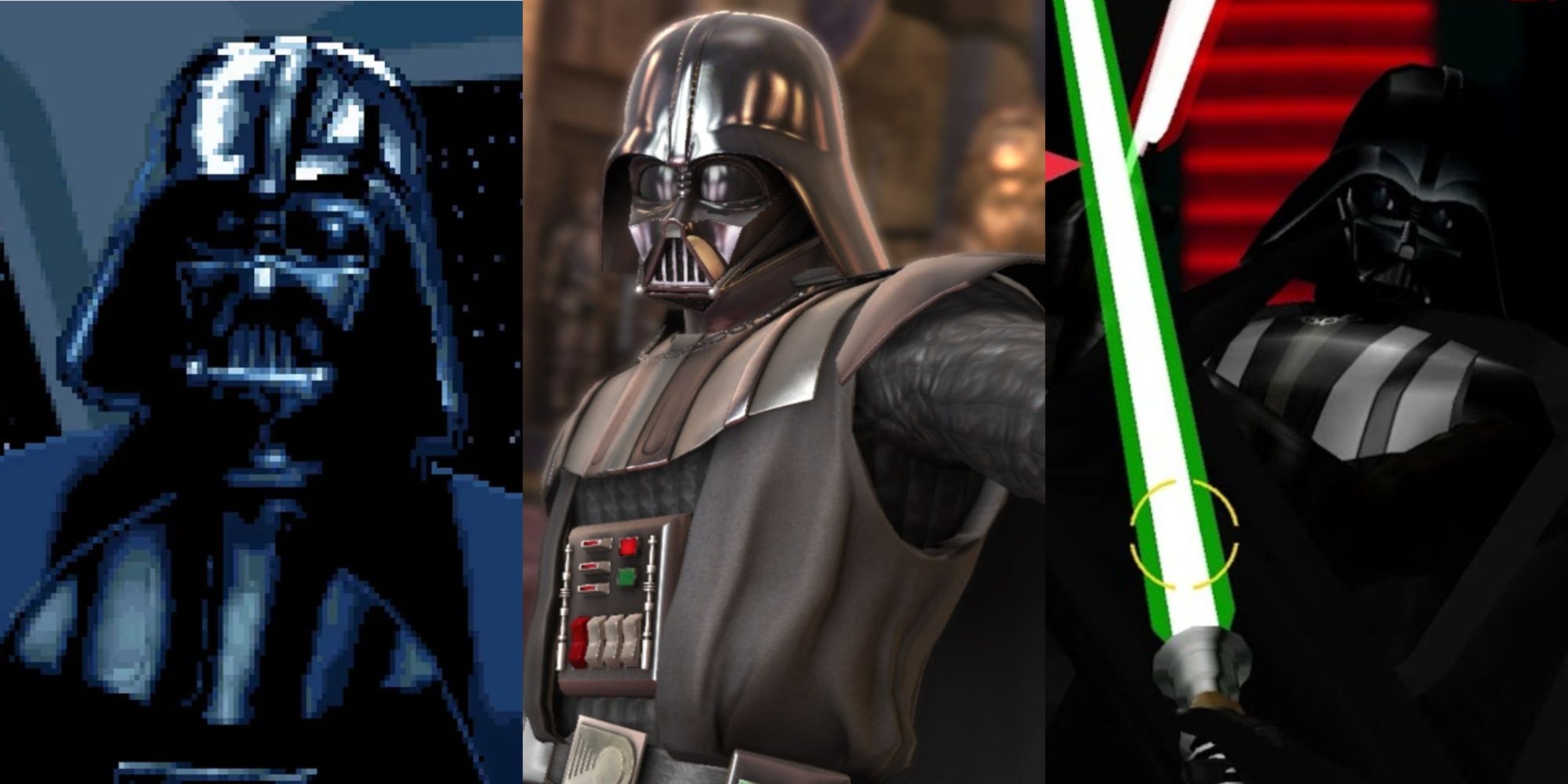 Collage image of Darth Vader in Star Wars Dark Forces, Soulcalibur 4, and Star Wars Arcade.