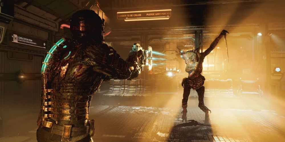 Dead Space Isaac fighting off a necromorph inside an abandoned space station