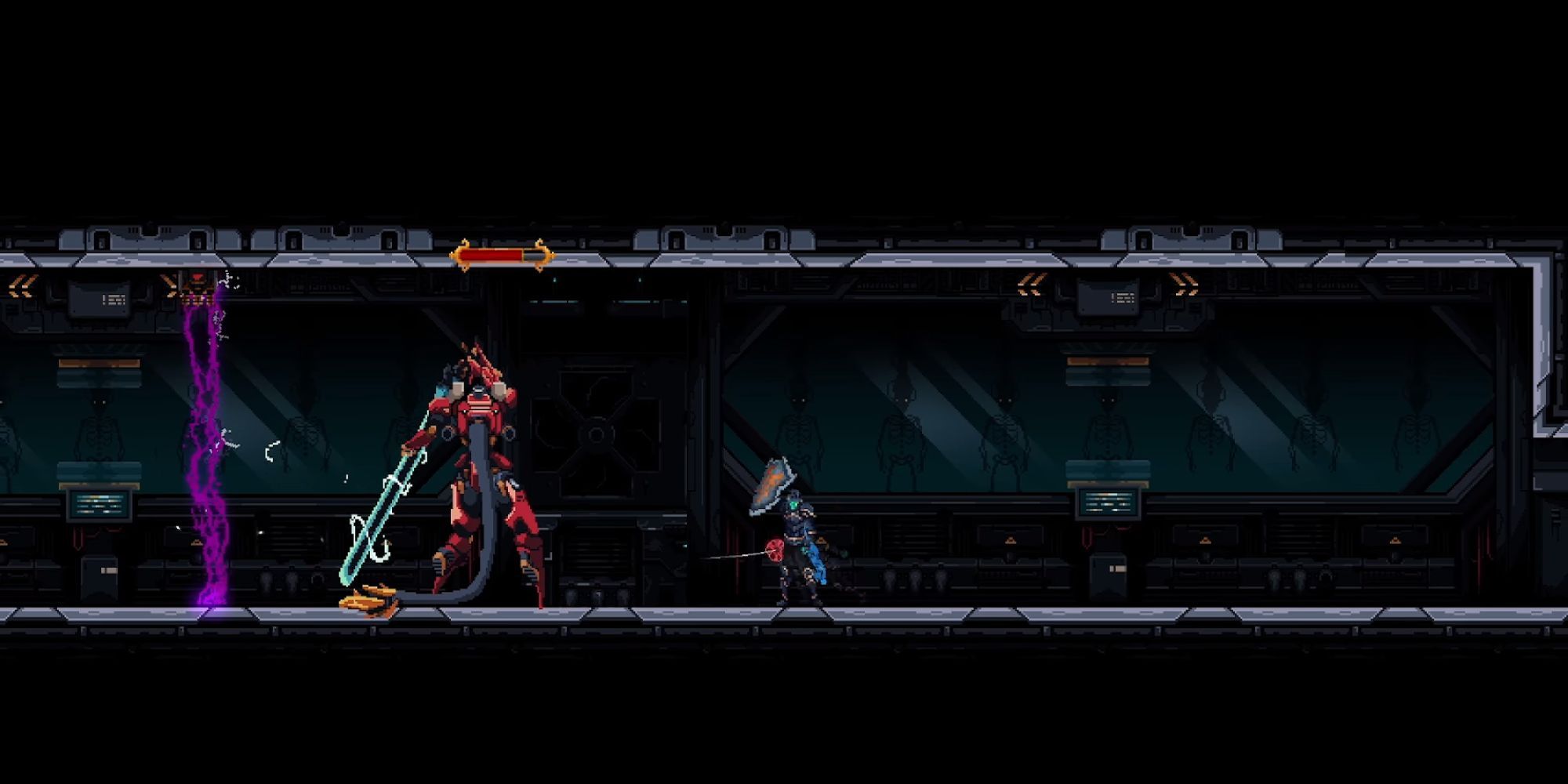 A red and black mech enemy wields a long weapon with swirling energy around it.