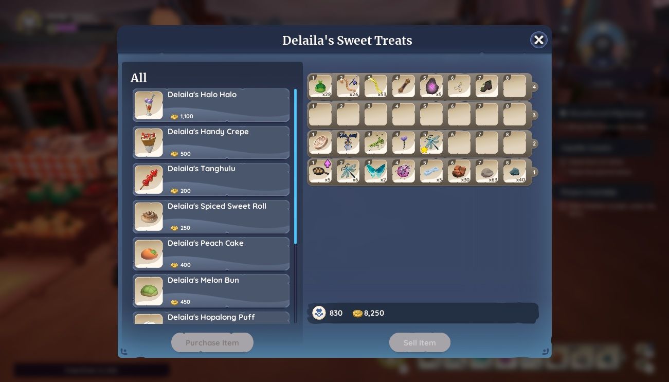 Player character in the shop UI for Delaila's sweets shop at the Maji Market in Palia.