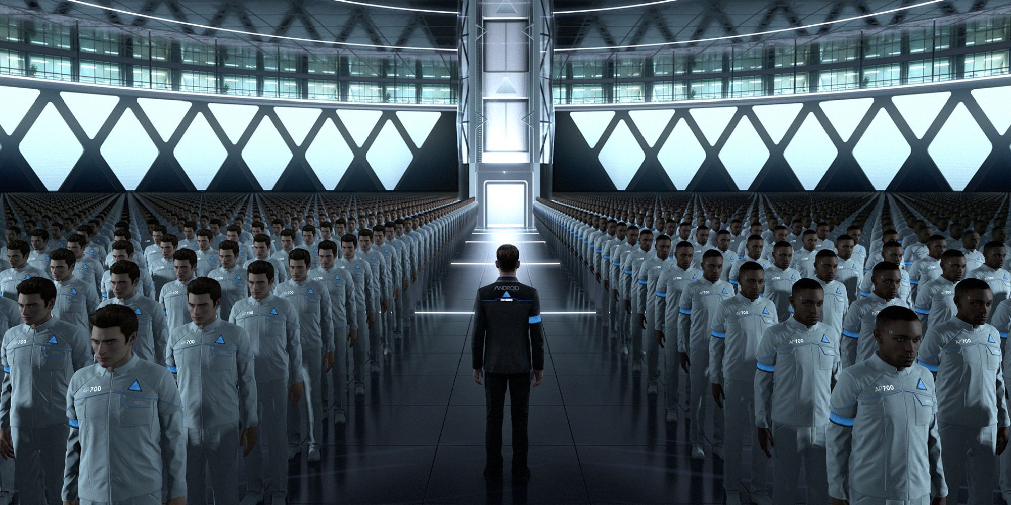 Connor standing in the center of a large crowd of factory androids in Detroit Become Human