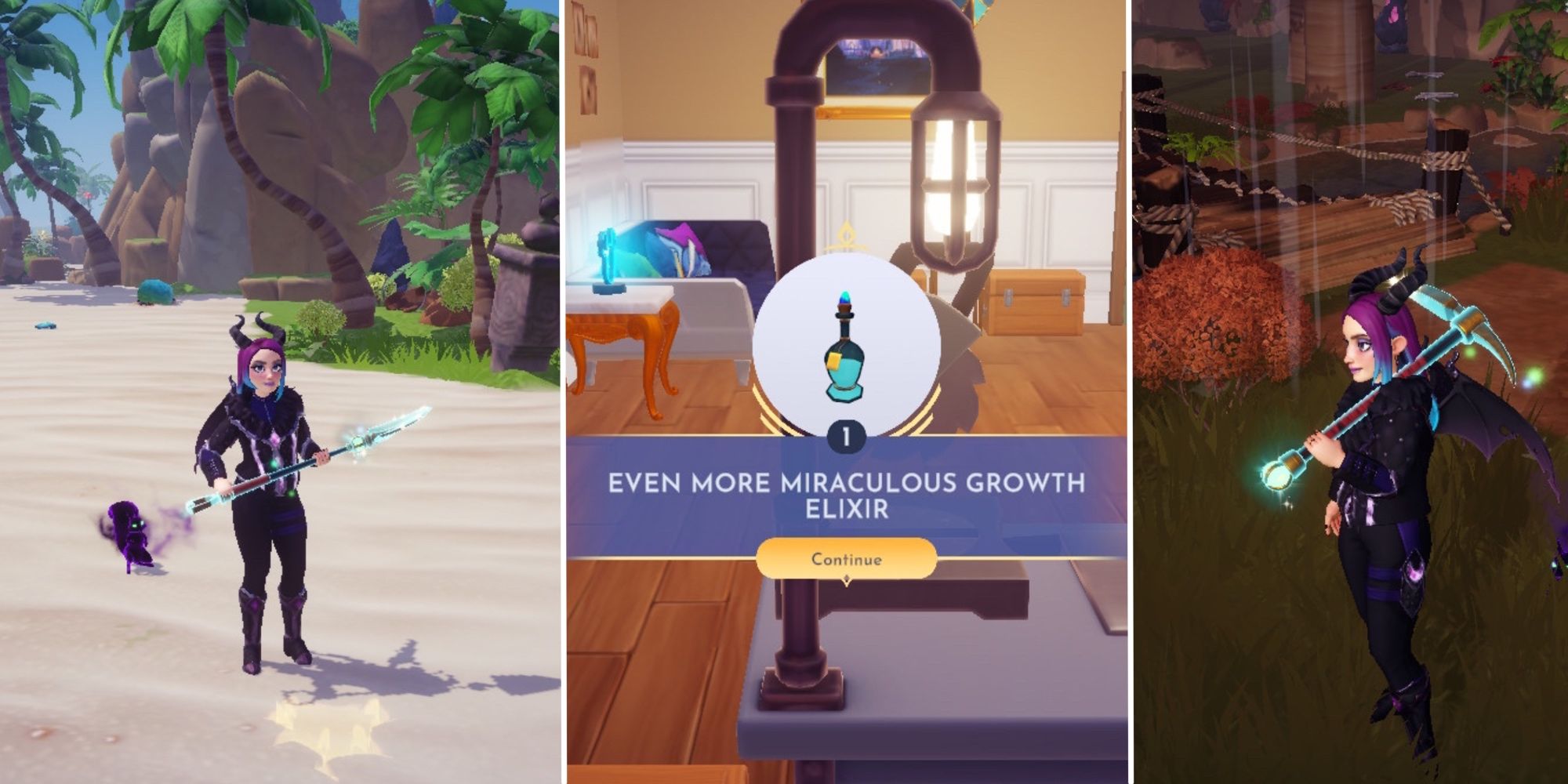 Il pannello centrato di Disney Dreamlight Valley mostra un elisir di crescita, il pannello di sinistra mostra un avatar che tiene in mano una pala con un elisir applicato su di essa e il pannello di destra mostra un avatar con un piccone su cui è applicato un elisir.