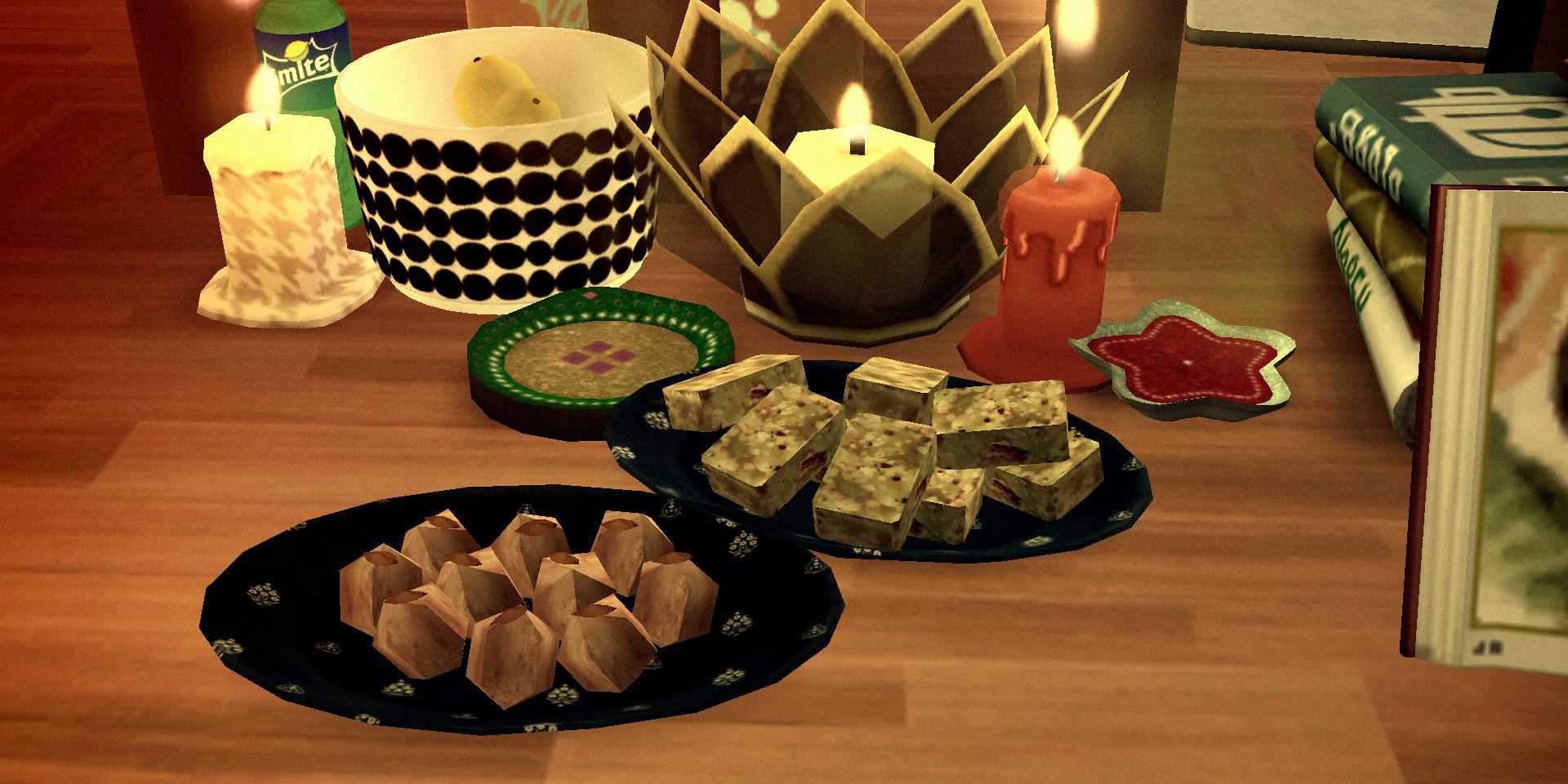 A collection of Diwali sweets sitting on top of a table in The Sims 4 alongside some colorful candles.