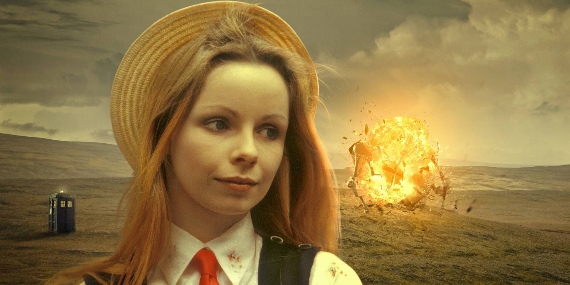 Romana staring into the distance as the TARDIS and a fire is in the background