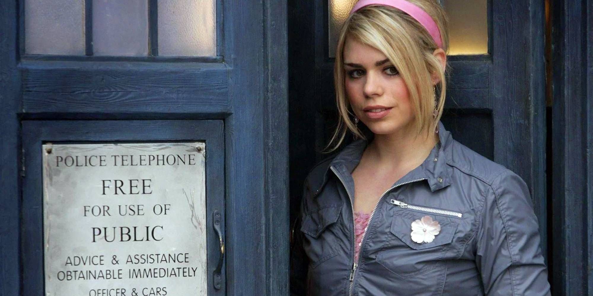 A blonde woman standing outside the ajar door of the TARDIS