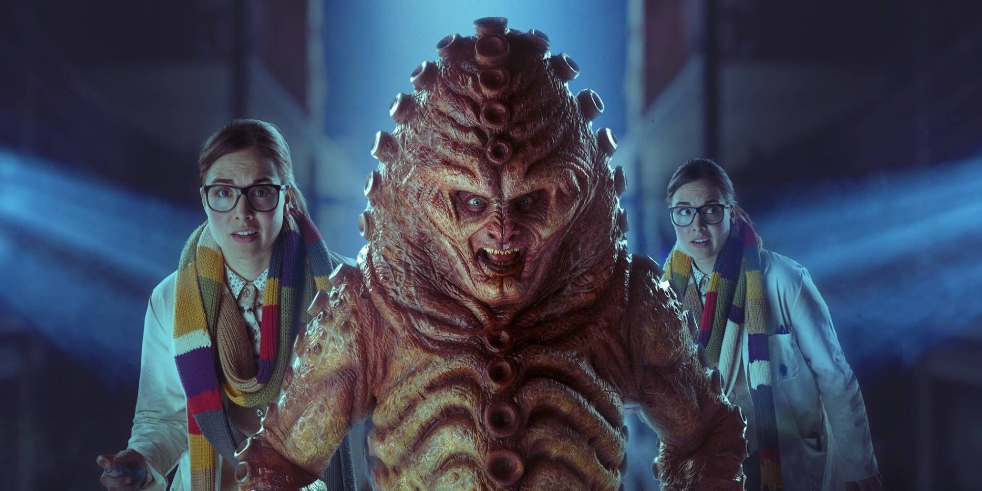 A red alien known as the Zygon with Osgood in the background