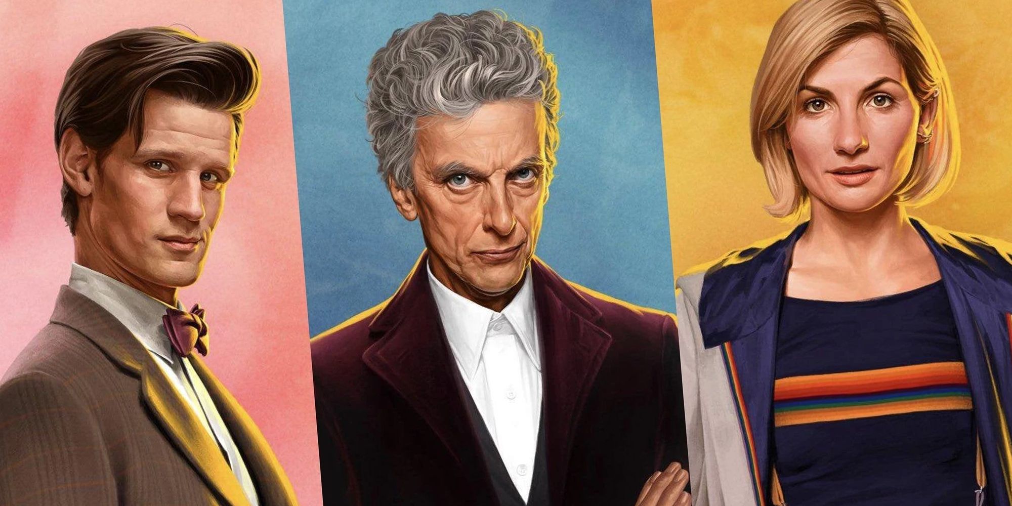 11th, 12th, and 13th Doctor separated into pink, blue, and yellow rectangles
