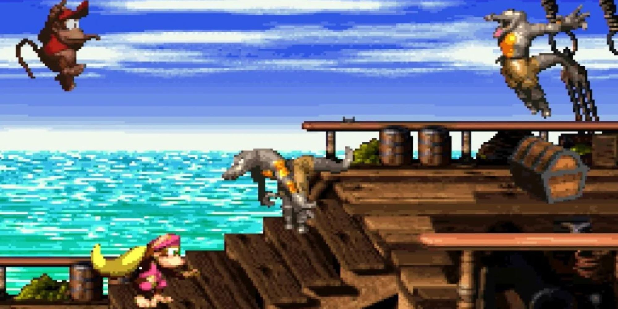 Diddy and Dixie Kong attack enemies on a ship