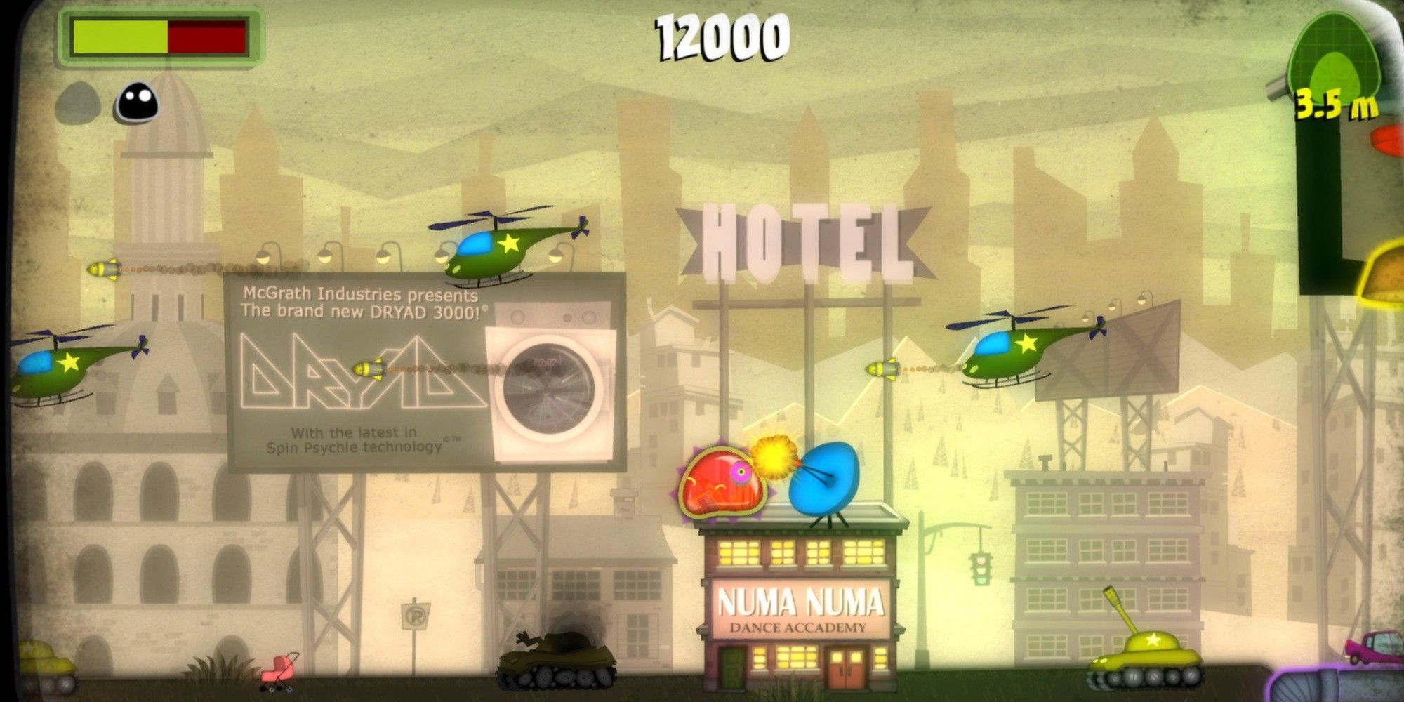 Helicopters and tanks firing at a red blob in a city.