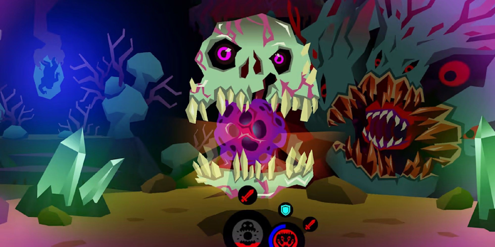 Reanimated skull holding a purple orb between its teeth.