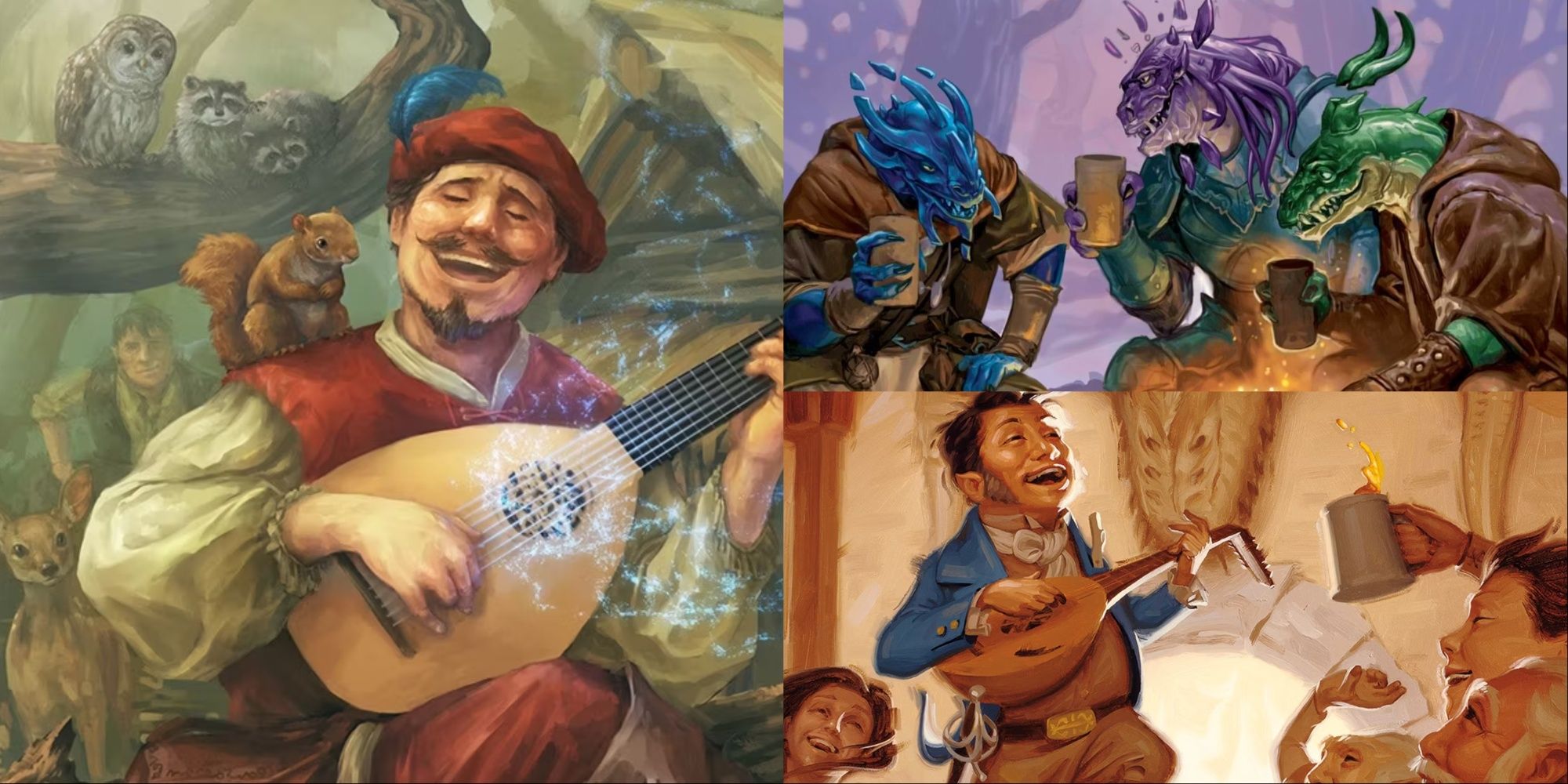 Dungeons and Dragons Bard Playing A Lute In A Forest To Animals - Gnome Bard Playing A Lute In A Tavern To Humanoids -Three Gem Dragons Sharing Drinks Over A Fire via Wizards of the Coast