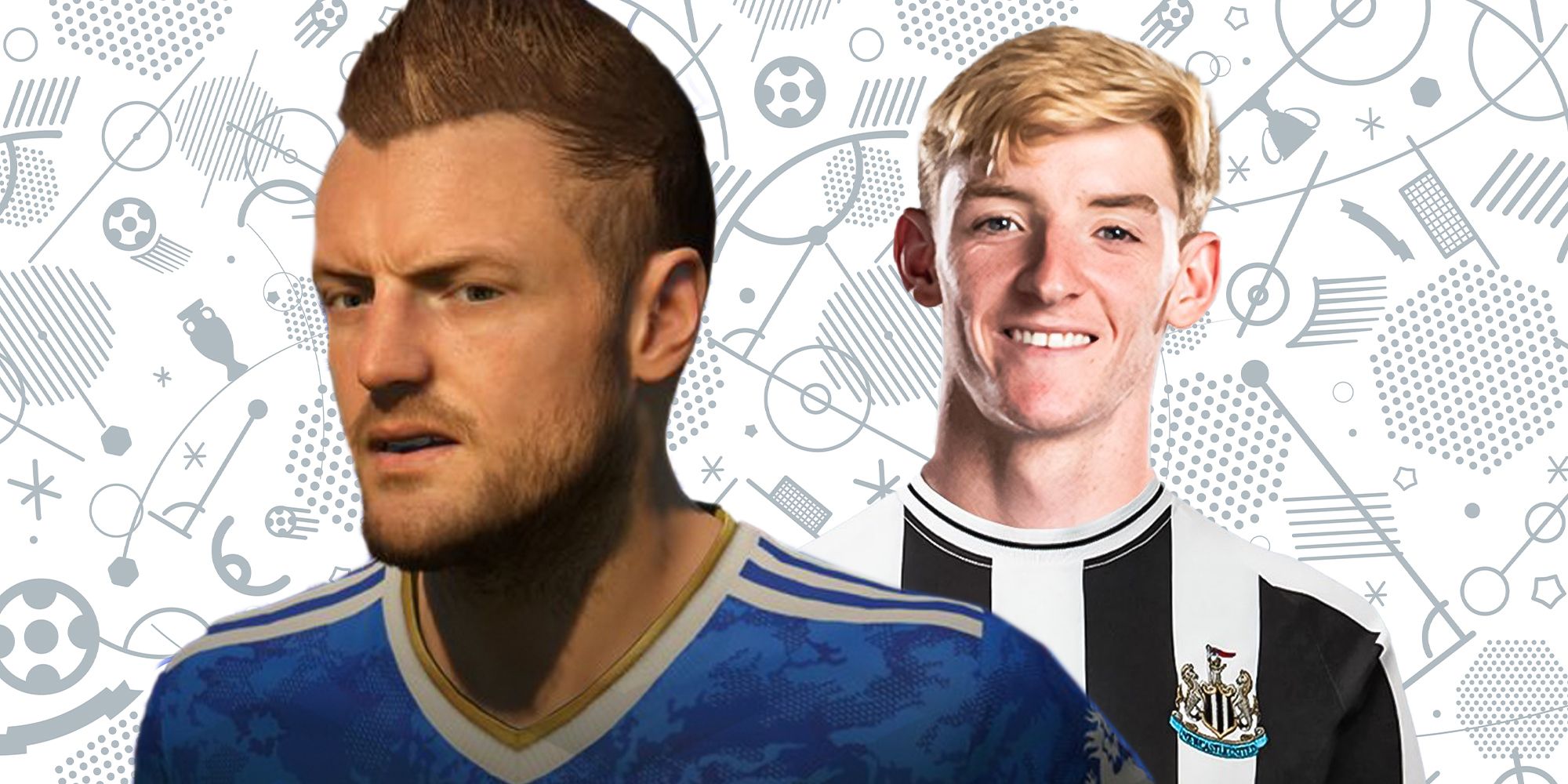 Jamie Vardy from FIFA 23 and Anthony Gordon in a NUFC top