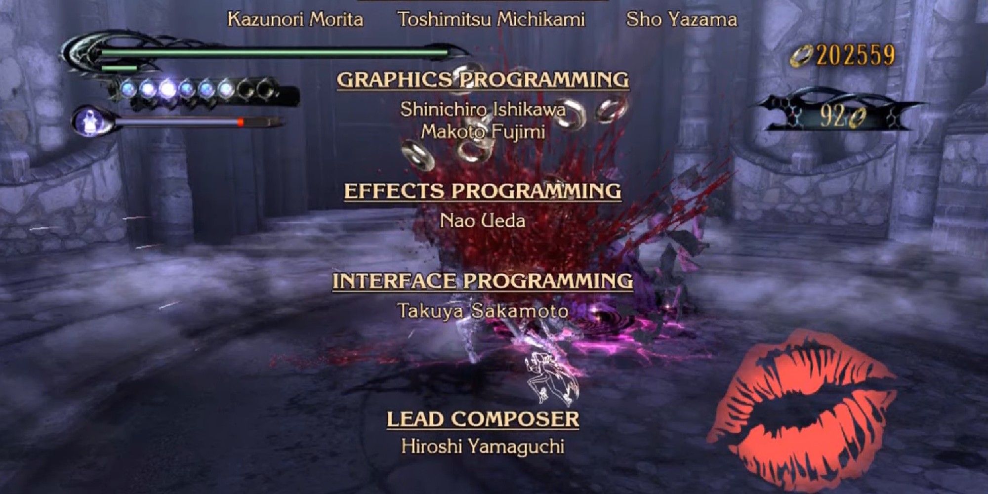 Bayonetta fighting enemies while the credits roll.