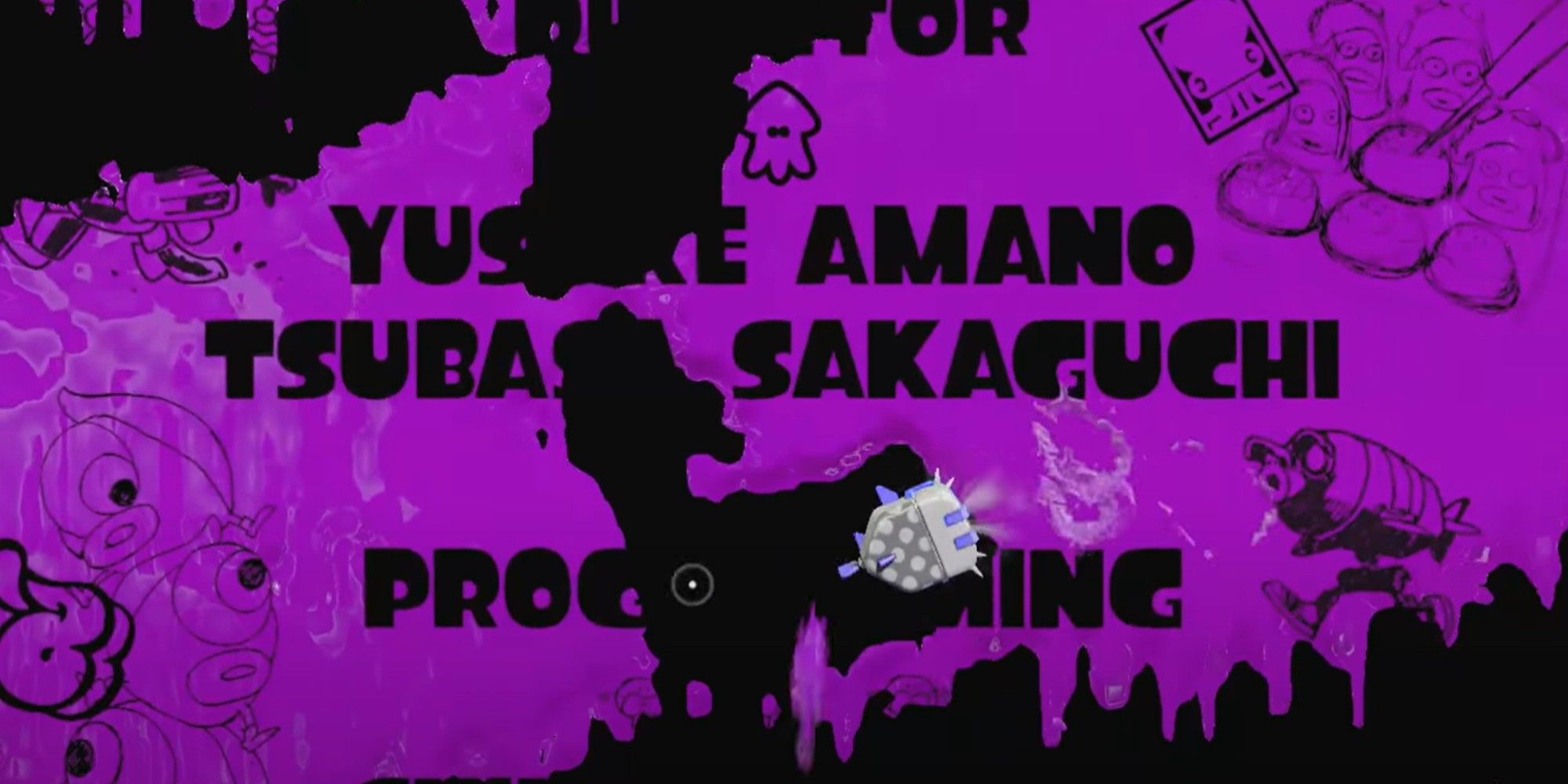 Purple ink covering most of the screen in Splatoon's credits.