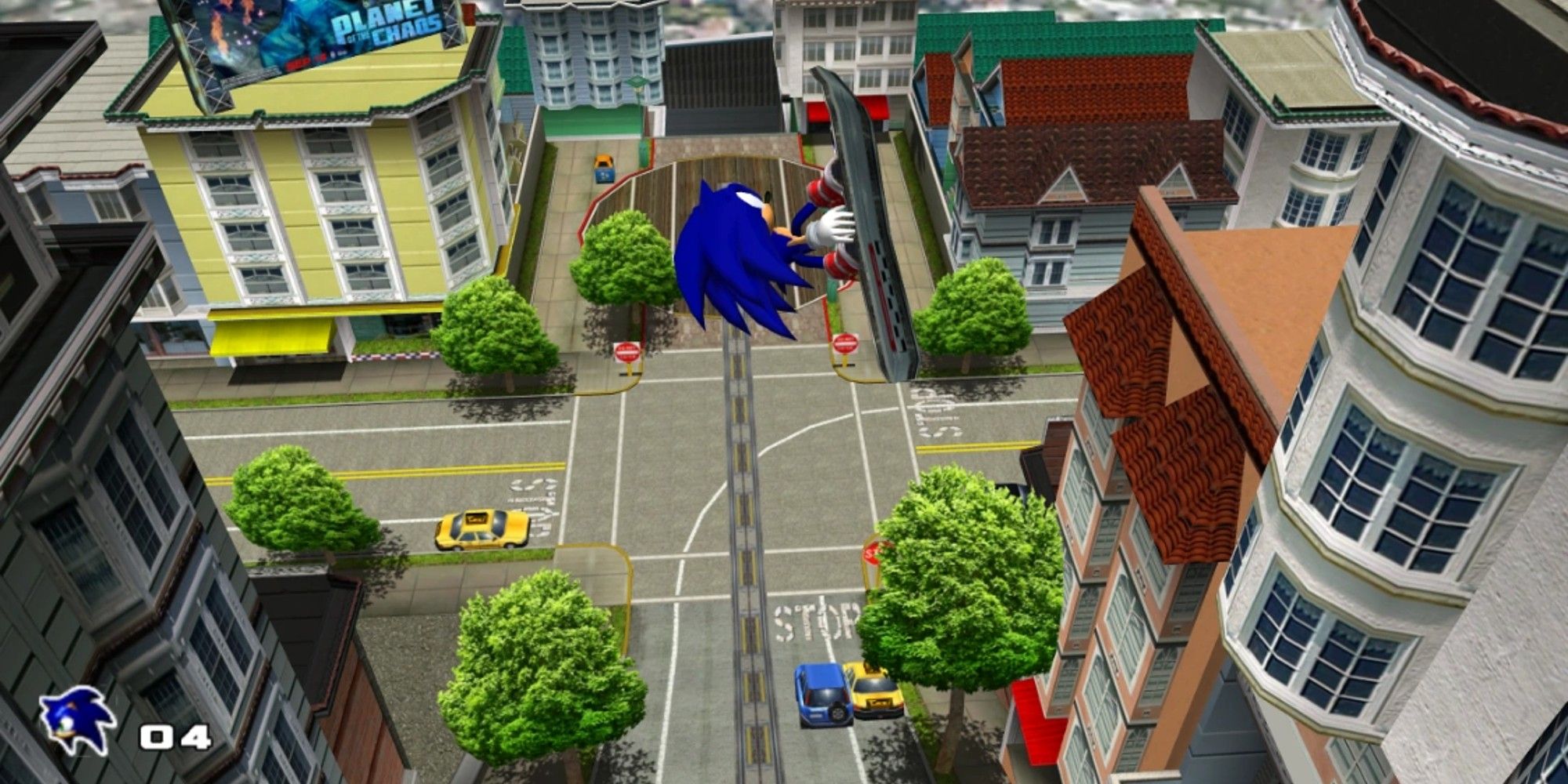 Sonic attempting to escape the city on skateboard