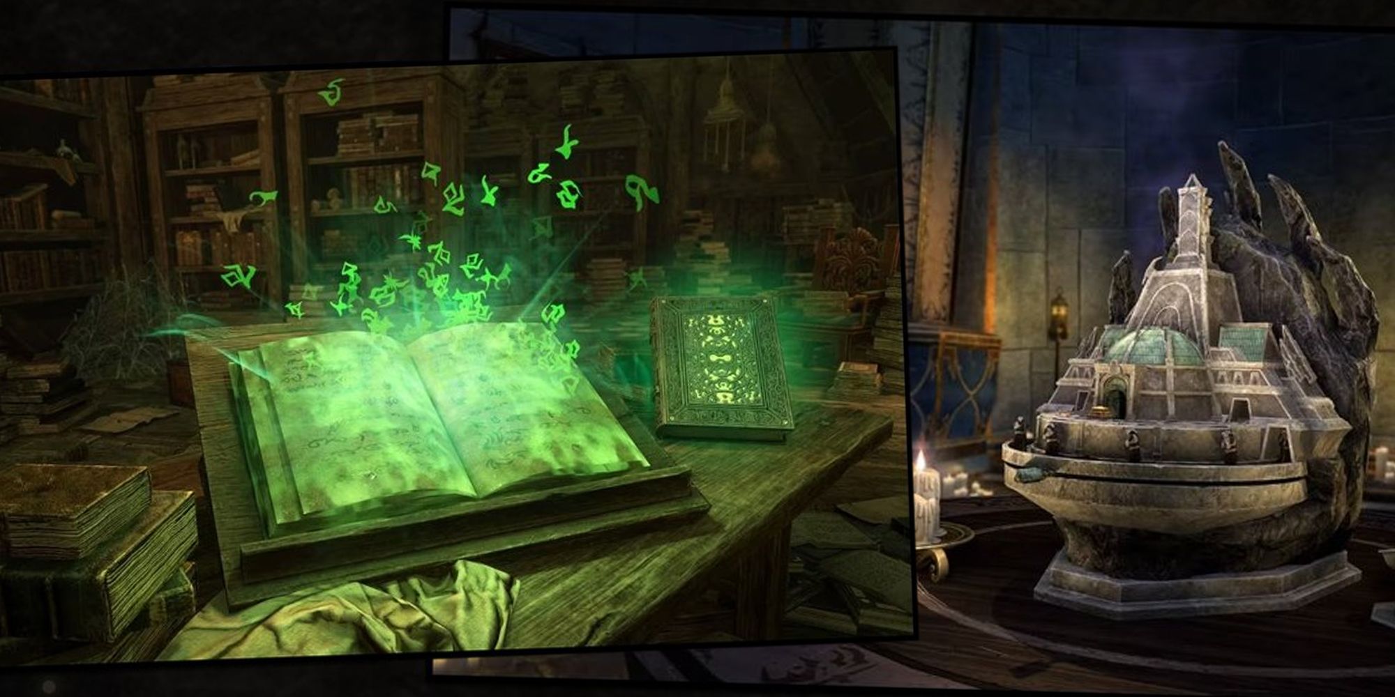 Elder Scrolls Online Hermaeus Mora green runes coming out of a book next to a music box shaped like a Dunmer city