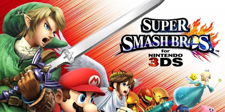 Super Smash Bros characters on a red and white background with logo