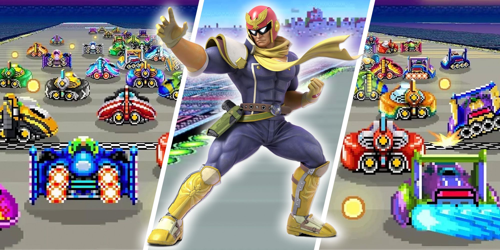 F-Zero 99 Beginners Tips - Split Image Of Captain Falcon Posing In Mute City And Dozens Of Ships Racing Port Town 