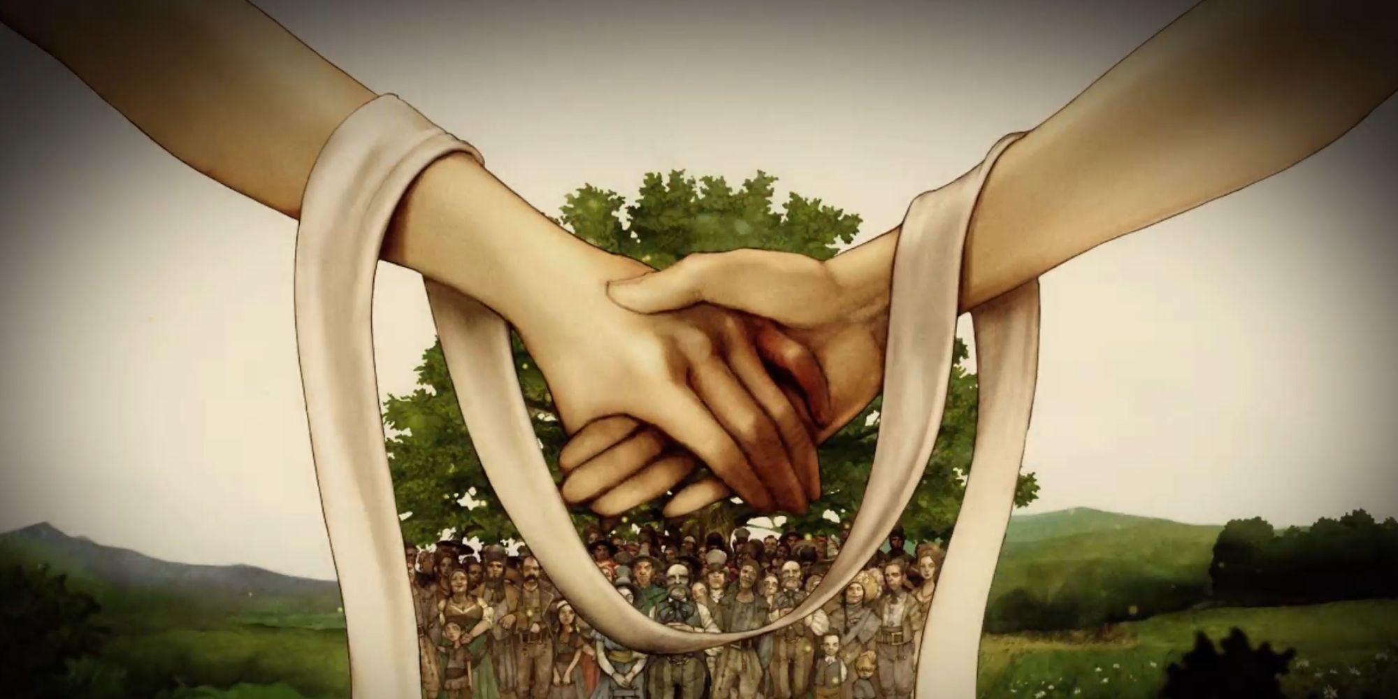 Artwork of two people holding hands as villagers look on in a Fable 2 wedding ceremony
