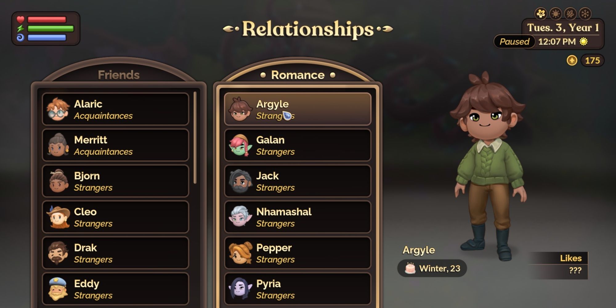 Fae Farm Argyle Relationship Menu