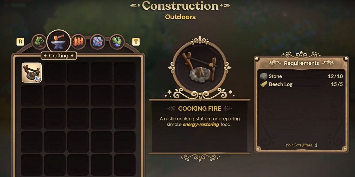 The Fay Farm Cooking Build screen shows a campfire