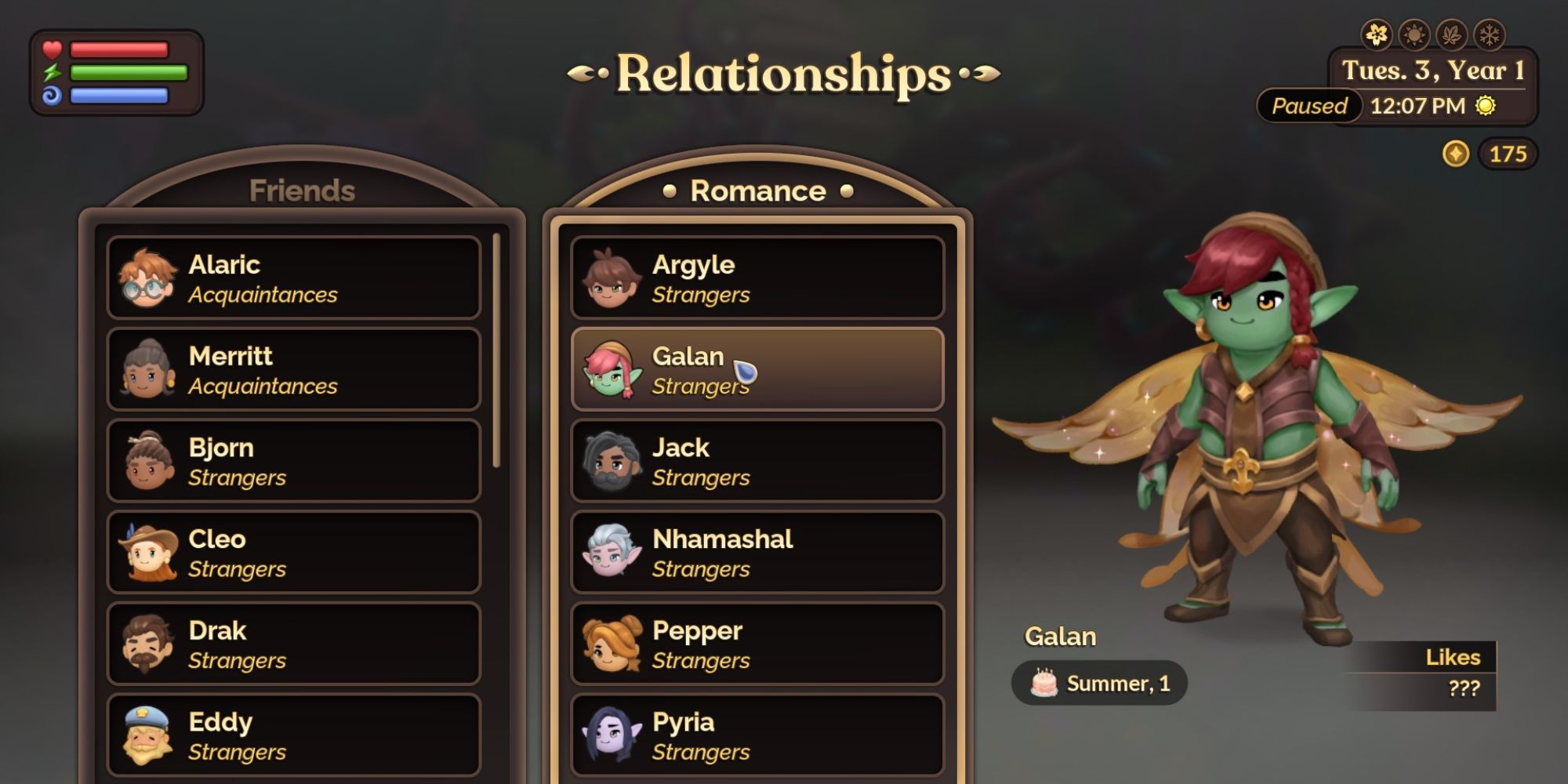 Fae Farm Galan Relationship Menu