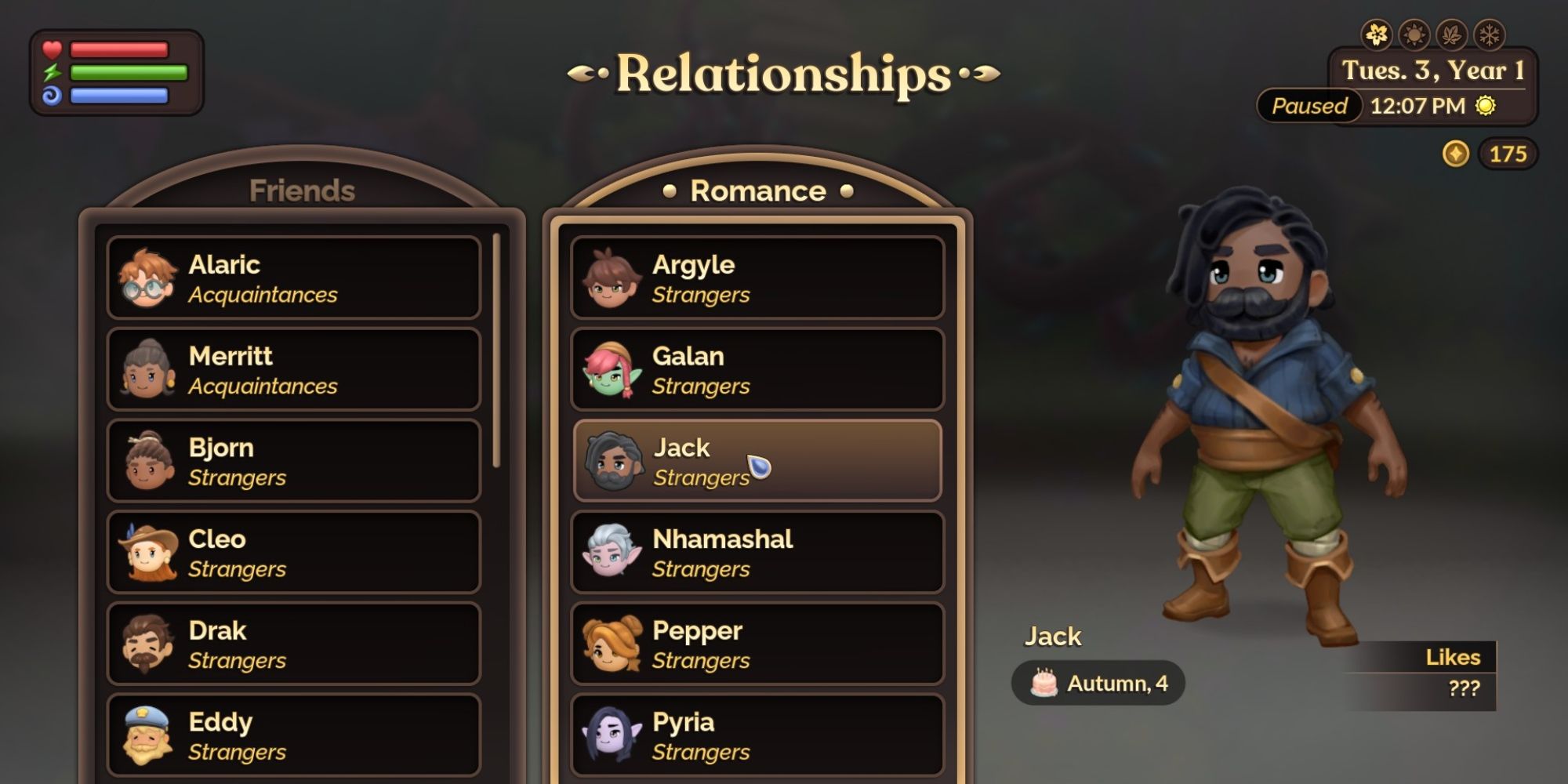 Fae Farm Jack Relationship Menu