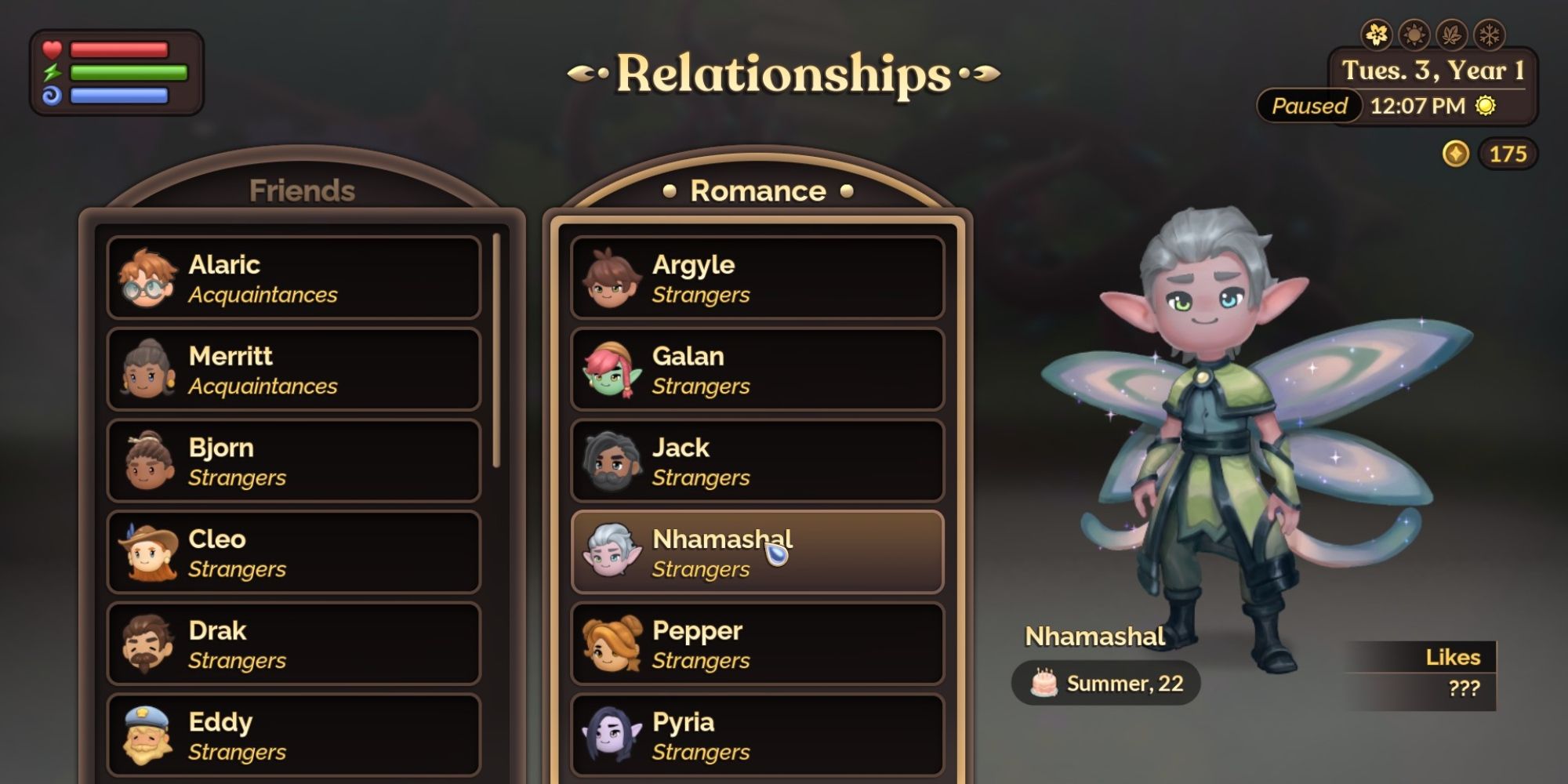 Fae Farm Nhamashal Relationship Menu