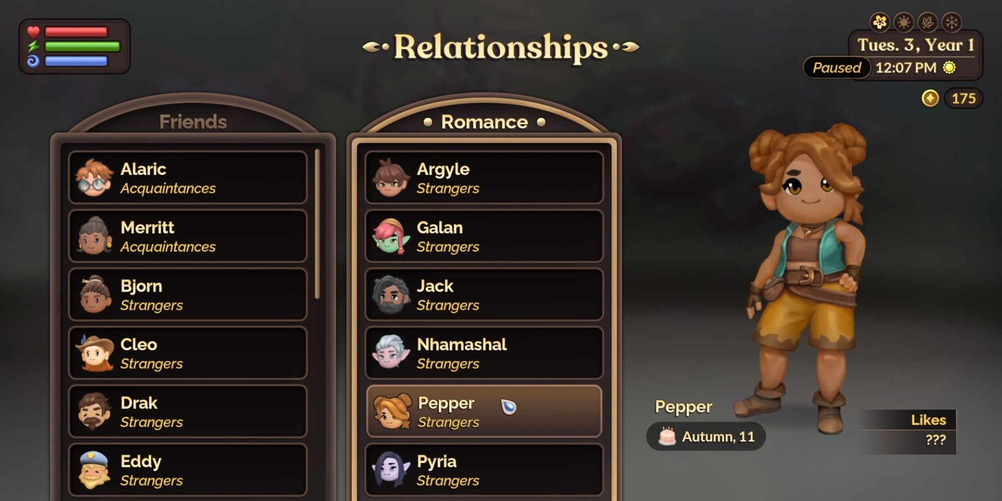 Fae Farm Pepper Relationship Menu