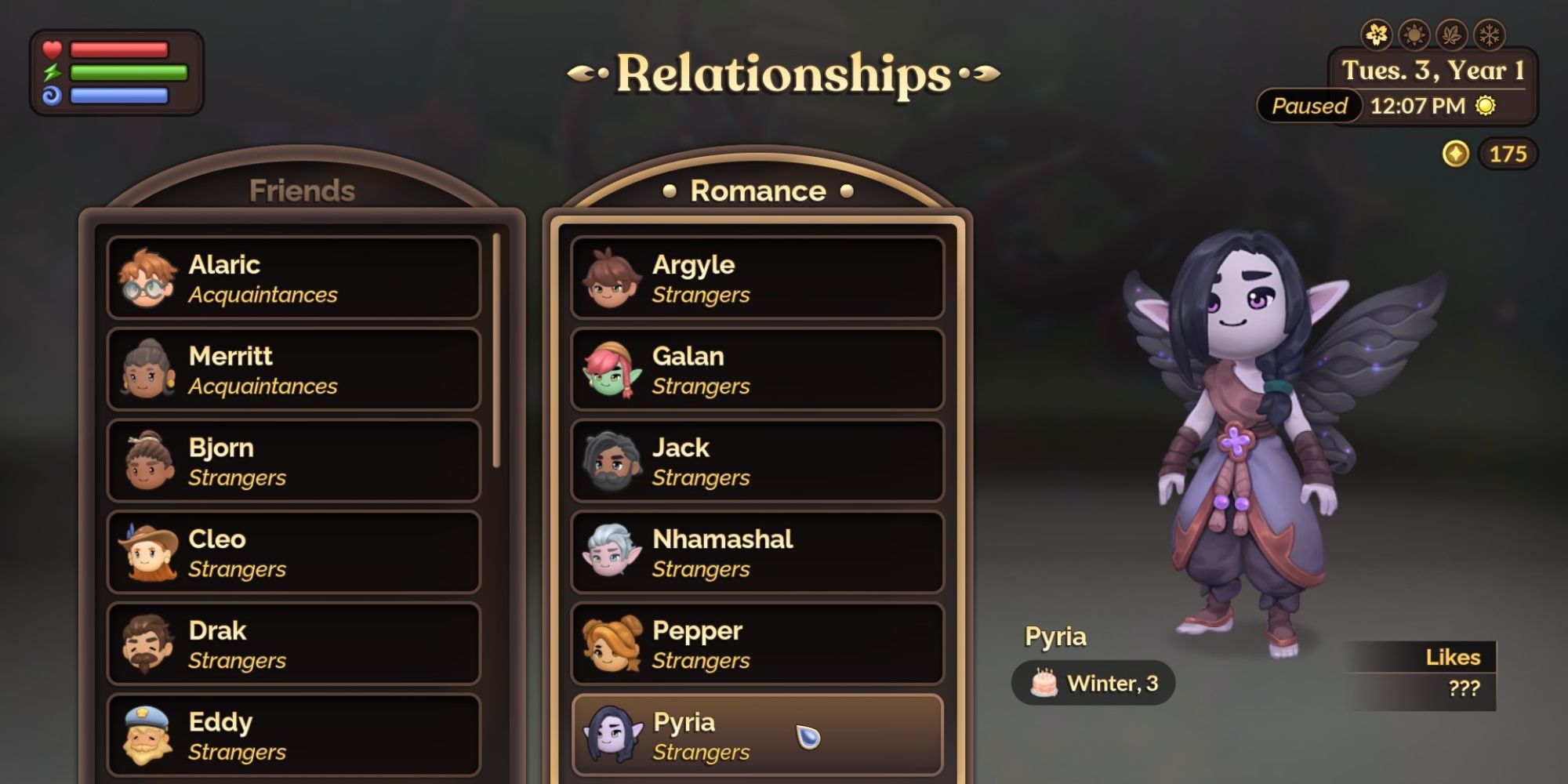Fae Farm Pyria Relationship menu