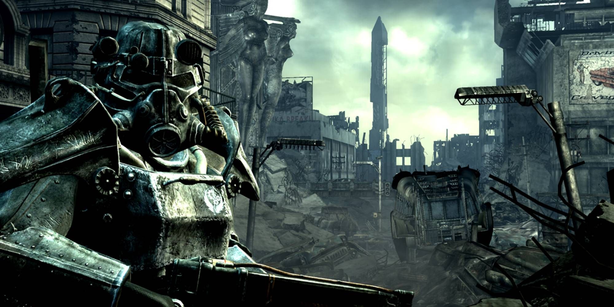 A figure clad in power armour holding a gun in the intro of Fallout 3