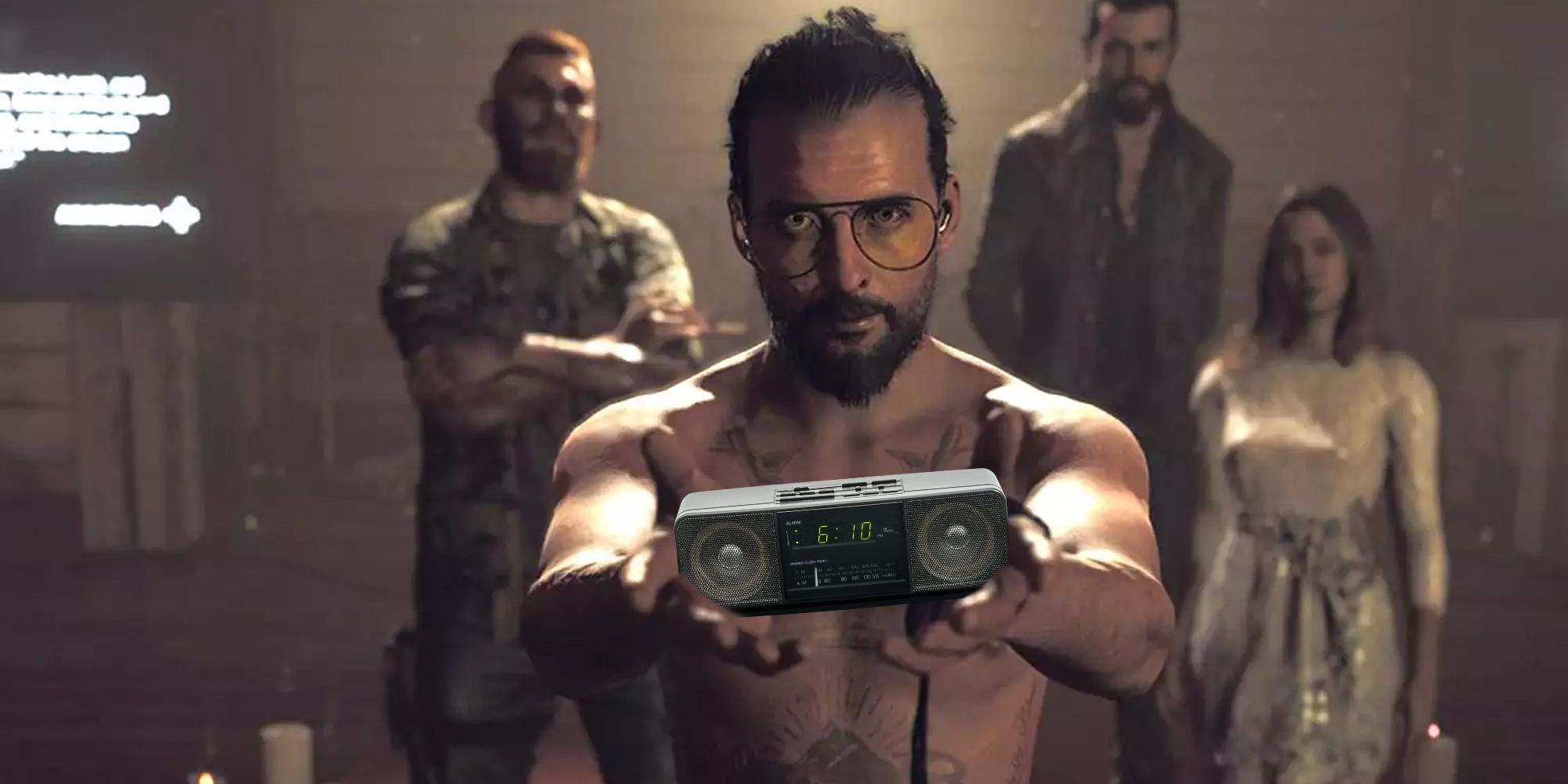 Far Cry 5's antagonist holding a clock.