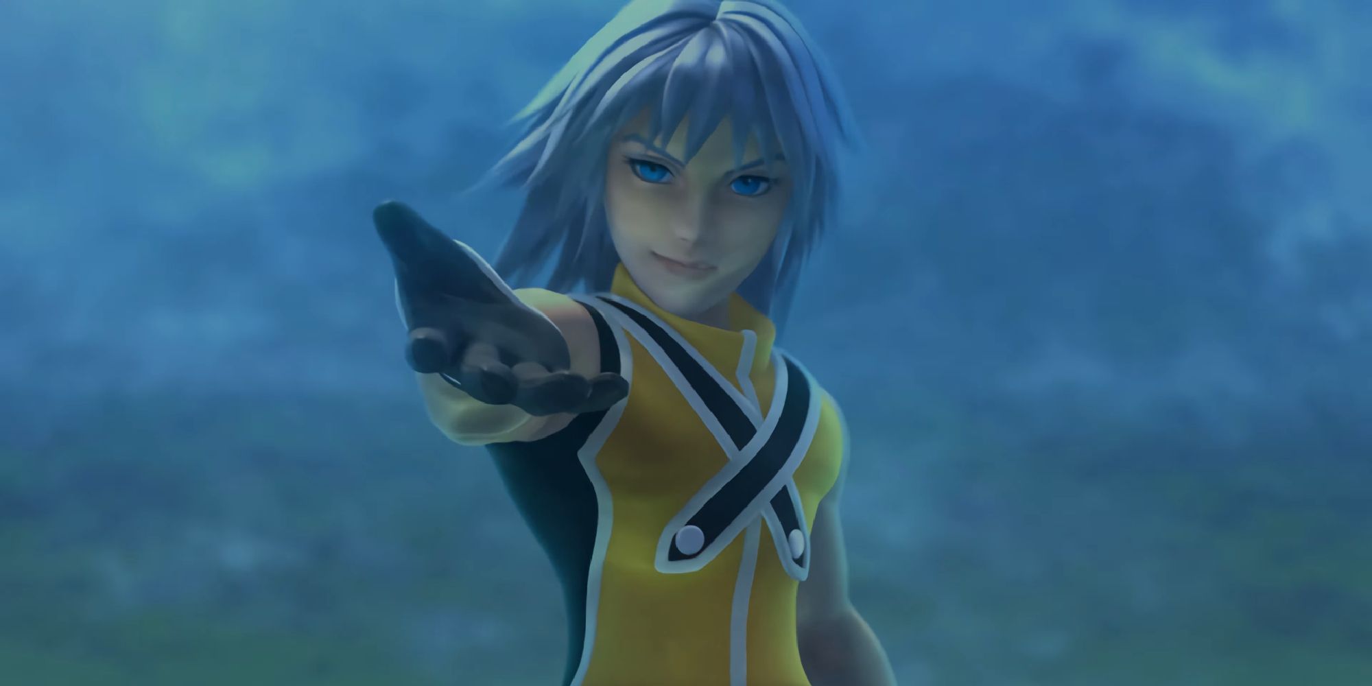 kingdom hearts riku holding out his hand to the camera as a tidal wave rises behind him