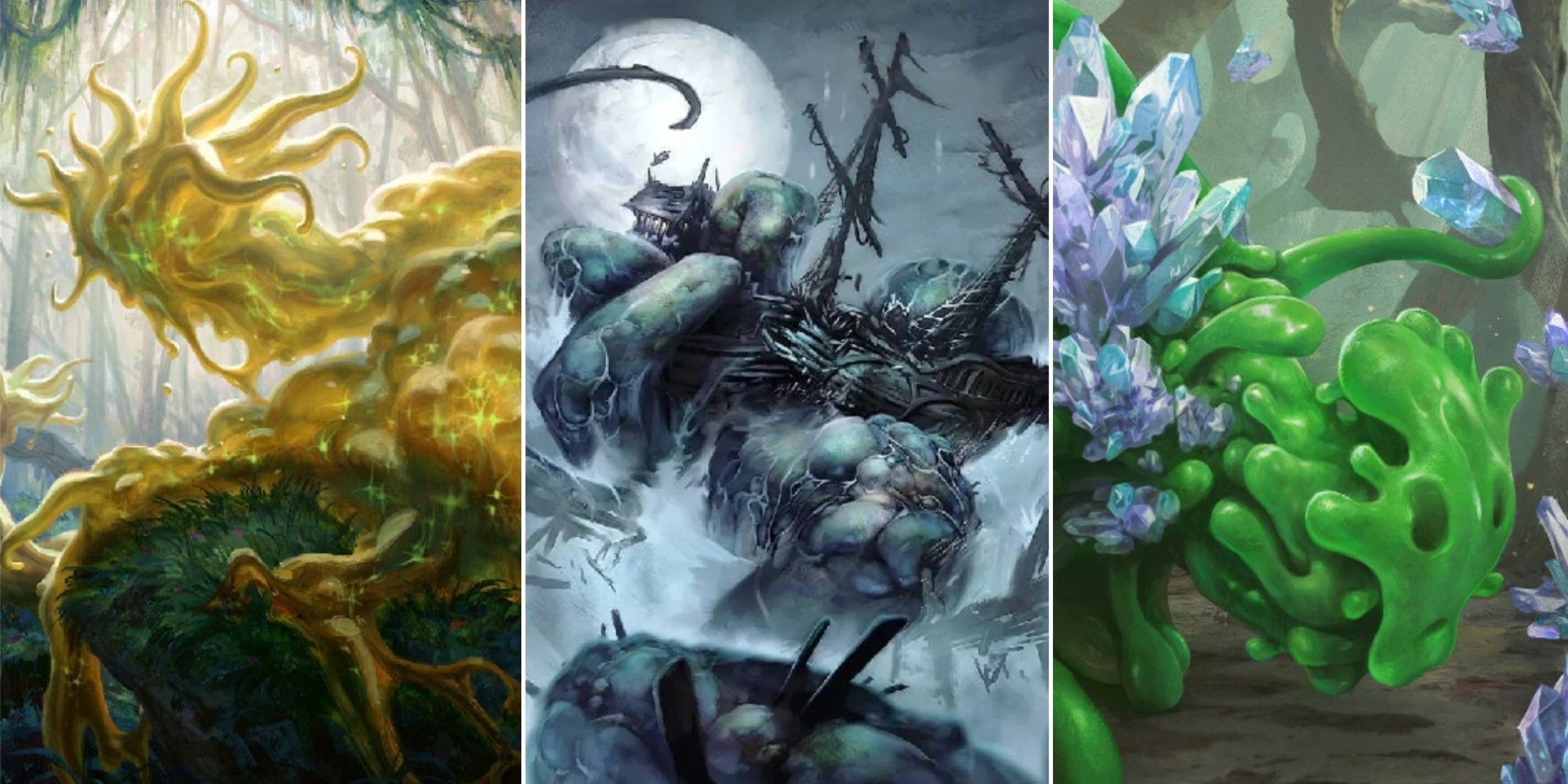 Artwork of three different legendary Ooze creatures from Magic: The Gathering