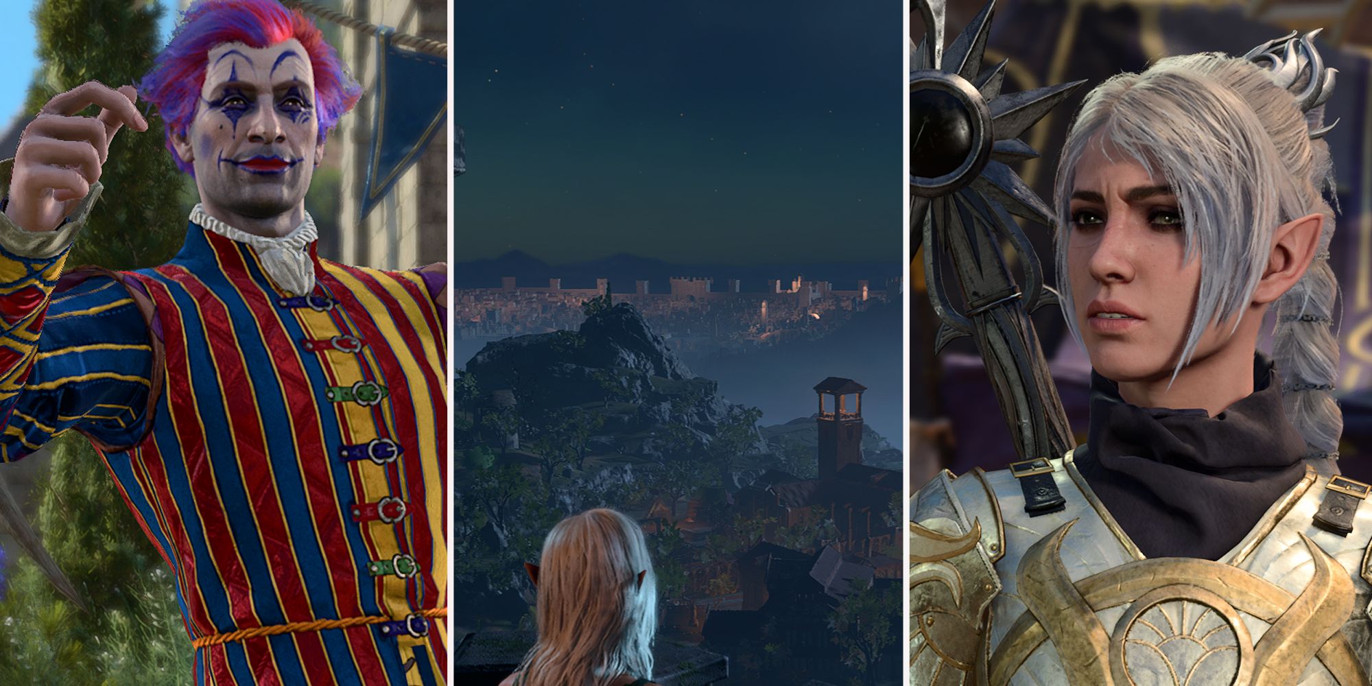 Combined image of Dribbles the Clown, Tav overlooking the city, and Shadowheart in Baldur's Gate 3