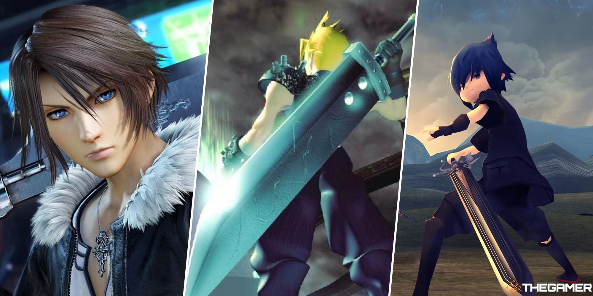 Final Fantasy 8 Squall, Final Fantasy 7 Cloud, and Final Fantasy 15 Pocket Edition Noctis split