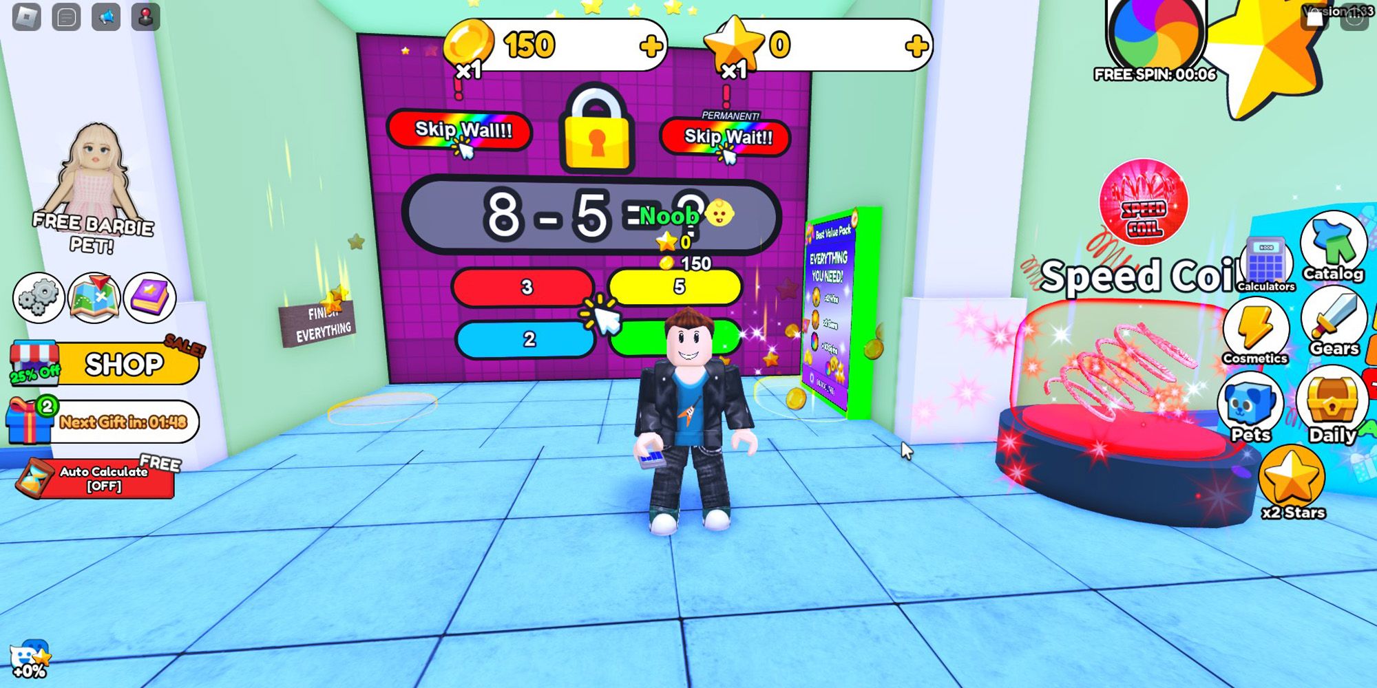 A Roblox character stands in a classroom with giant math equations on each wall in Math Wall Simulator.