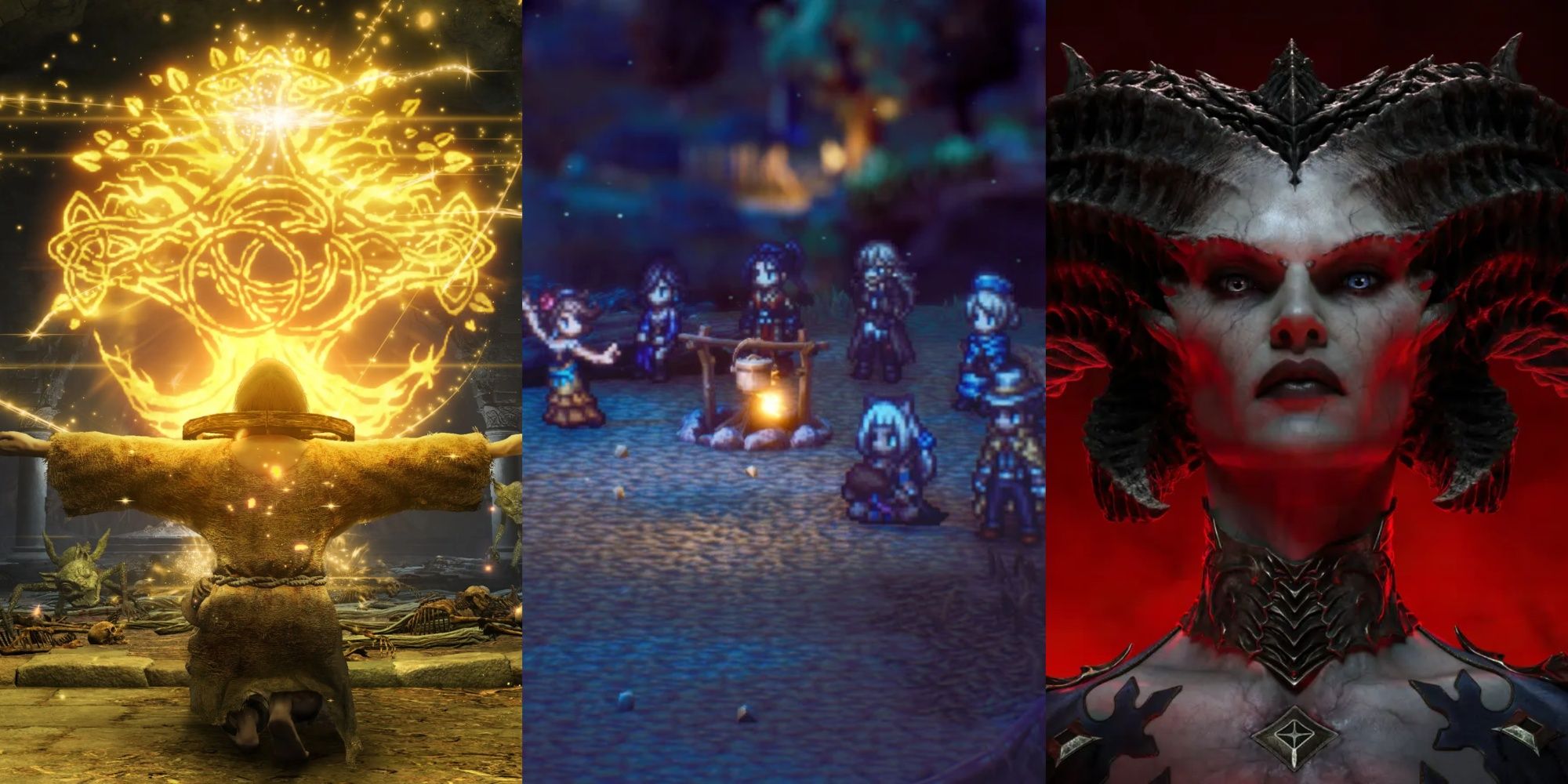 Elden Ring spell, Octopath Traveller characters at a fire, Diablo 4