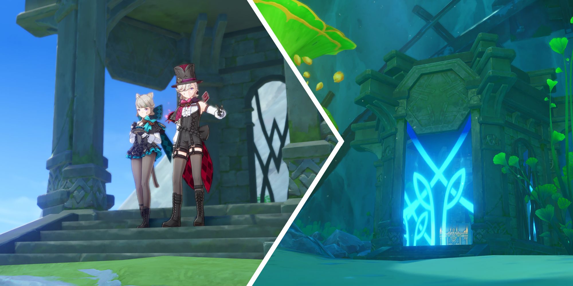 split image with Lyney and Lynette on the left, and a Fontaine Shrine of Depth on the right
