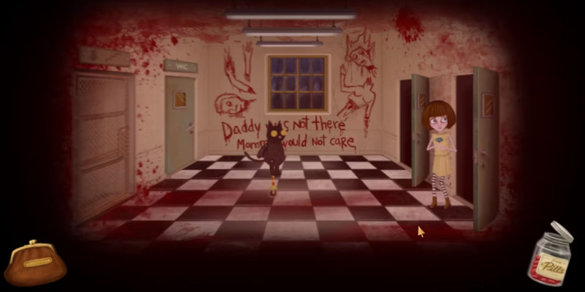 Fran Bow In A Red Aura Corridor With Red Markings