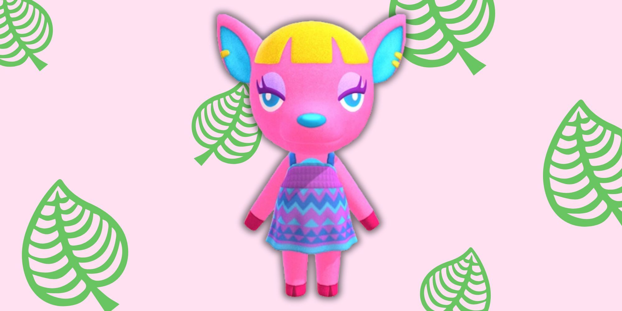 Fuchsia from Animal Crossing in front of leaf-patterned backdrop