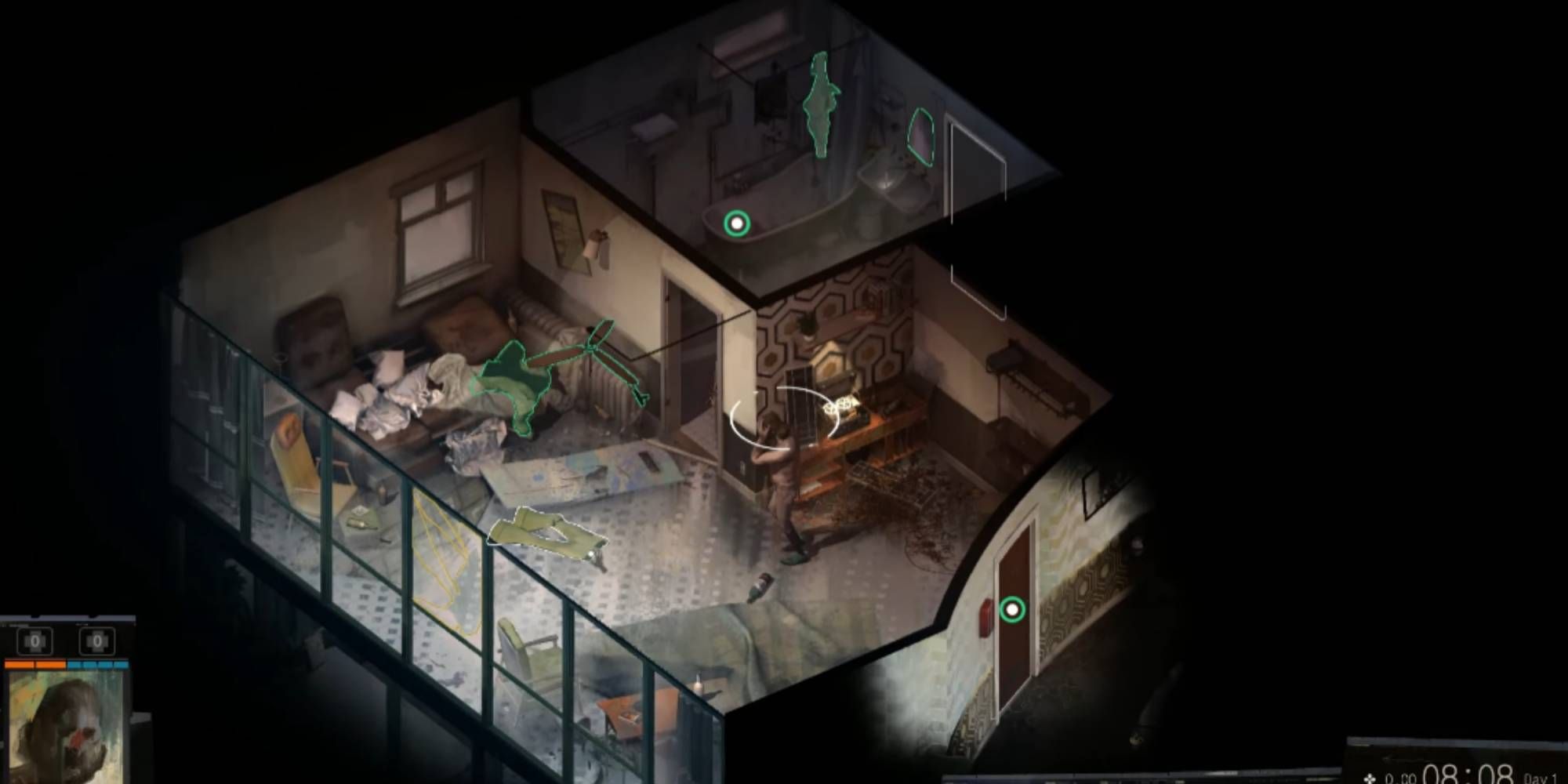 Screenshot of a room in disco Elysium. Some objects are highlighted green