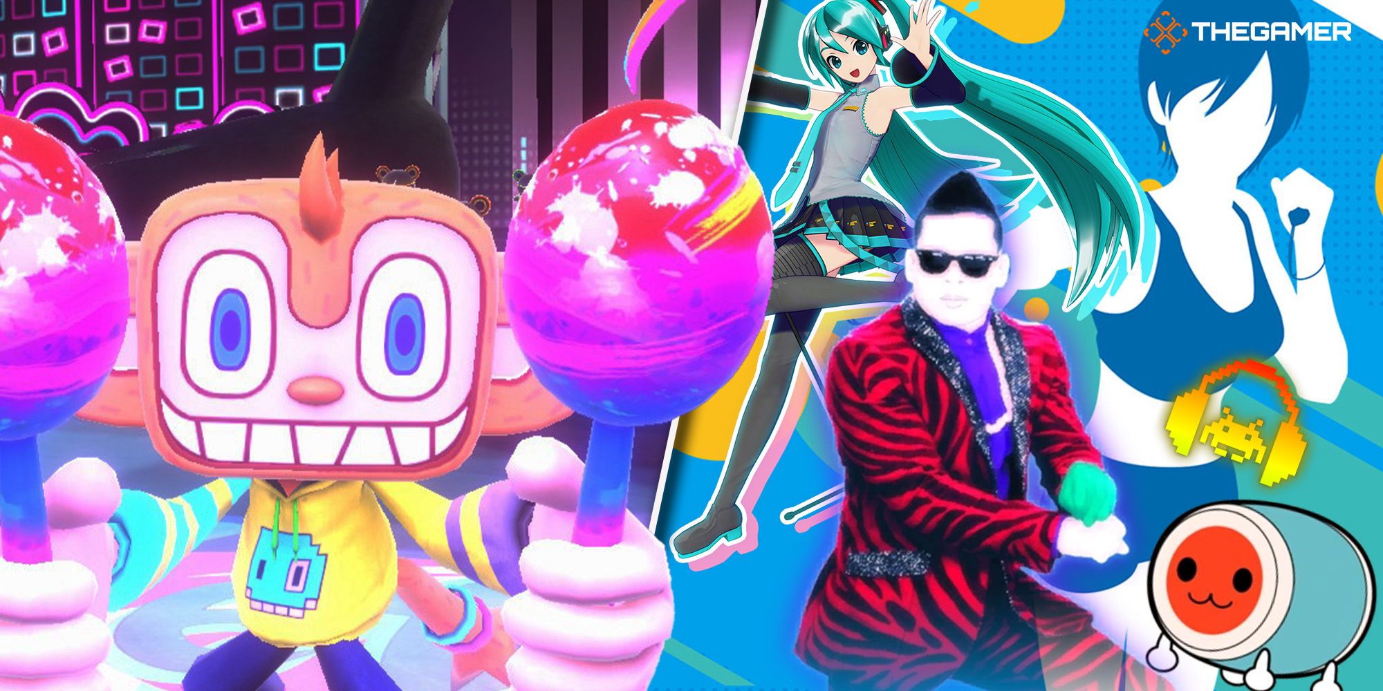 [Left Panel] Amigo holds a pair of maracas. [Right Panel] Characters from Project DIVA, Just Dance, Taiko no Tatsujin, Groove Coaster, and Fitness Boxing dance together.