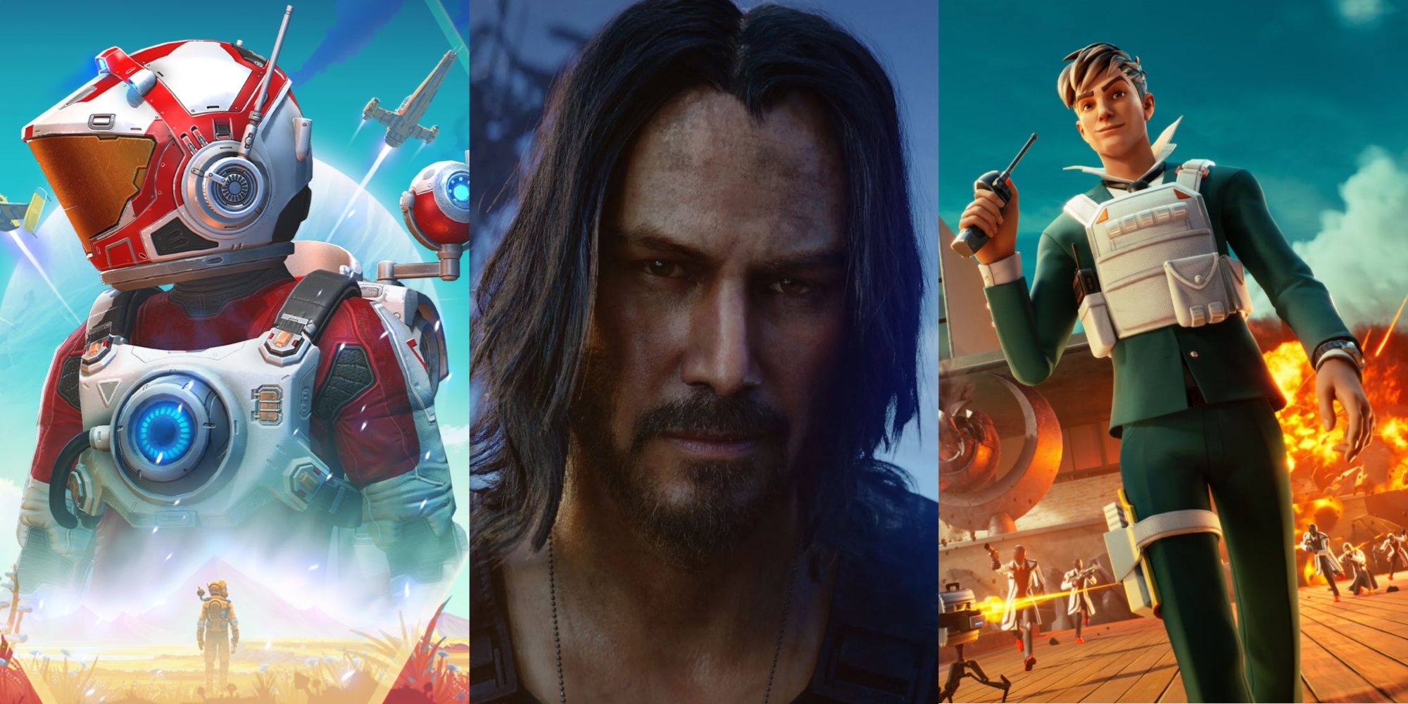 Games That Made a Comeback: No Man's Sky, Johnny Silverhand from Cyberpunk 2077, and Fortnite artwork